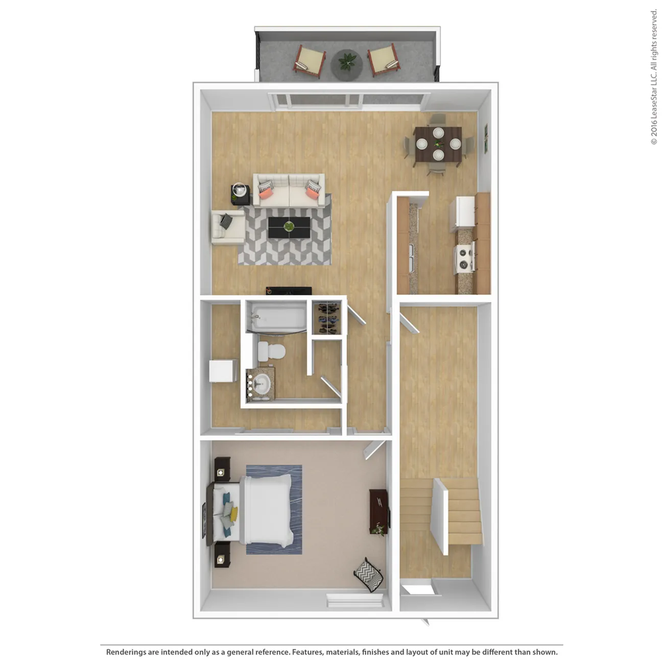 Modern floor plan with 1 bedroom, spacious living room, elegant bathroom, fully-equipped kitchen, and cozy balcony area.