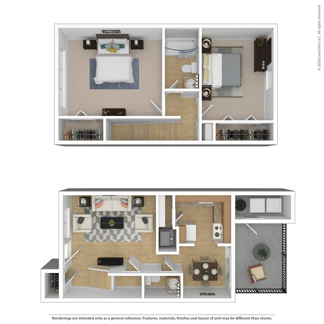 Modern 2D floor plan showcasing 2 cozy bedrooms, stylish living room, and functional kitchen with dining area.