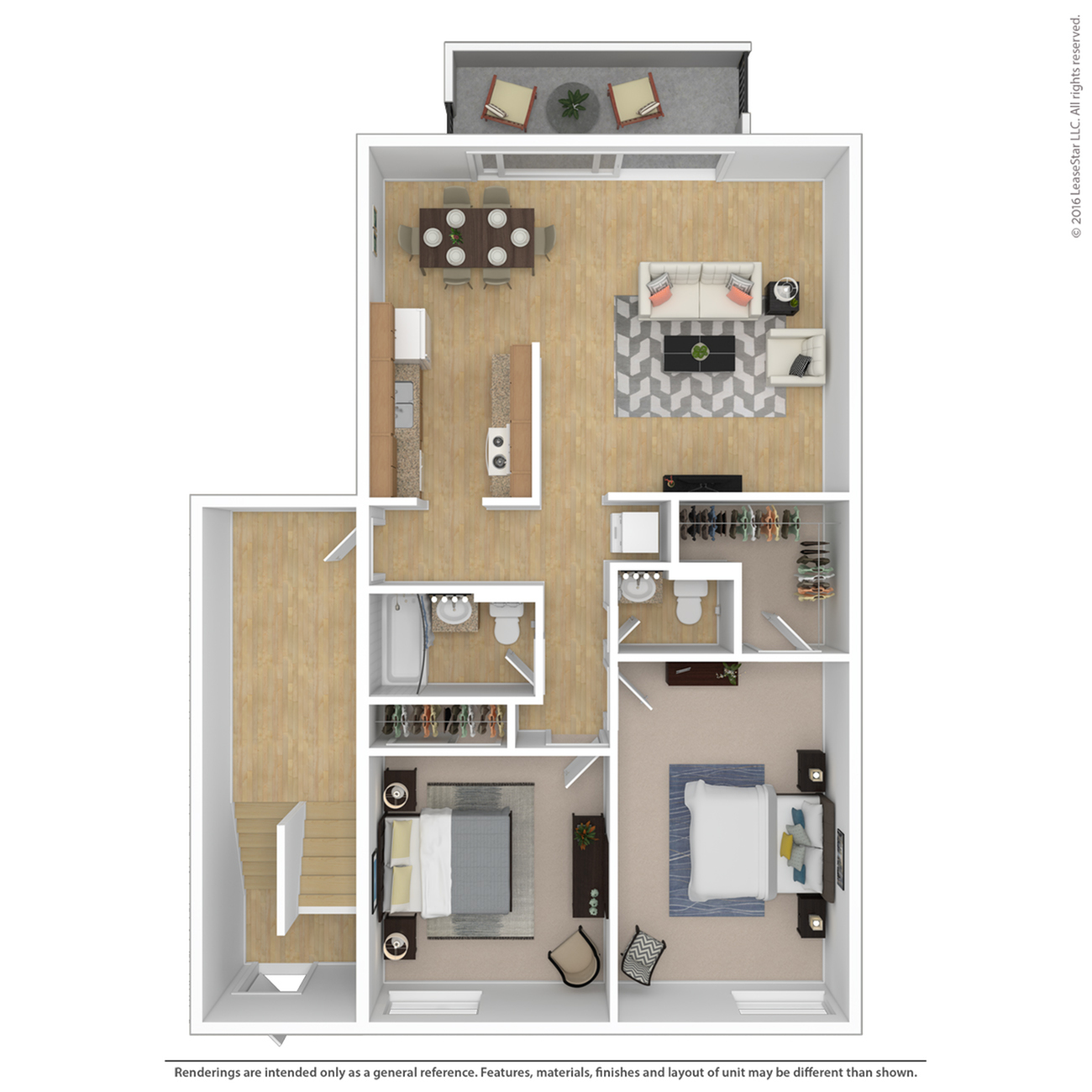 Modern 3D floor plan showcasing a spacious 2-bedroom, 2-bathroom apartment with an open-concept living and dining area, sleek kitchen, and private balcony.