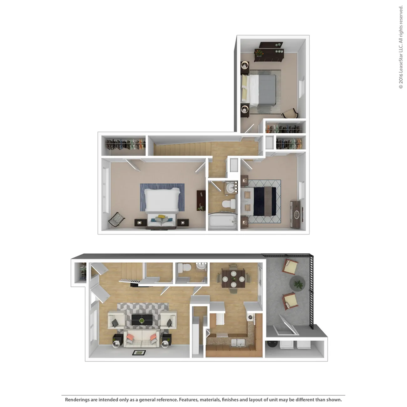 Modern two-story floor plan showcasing two spacious bedrooms, open living area, and stylish kitchen, complete with a private balcony and elegant furnishings.