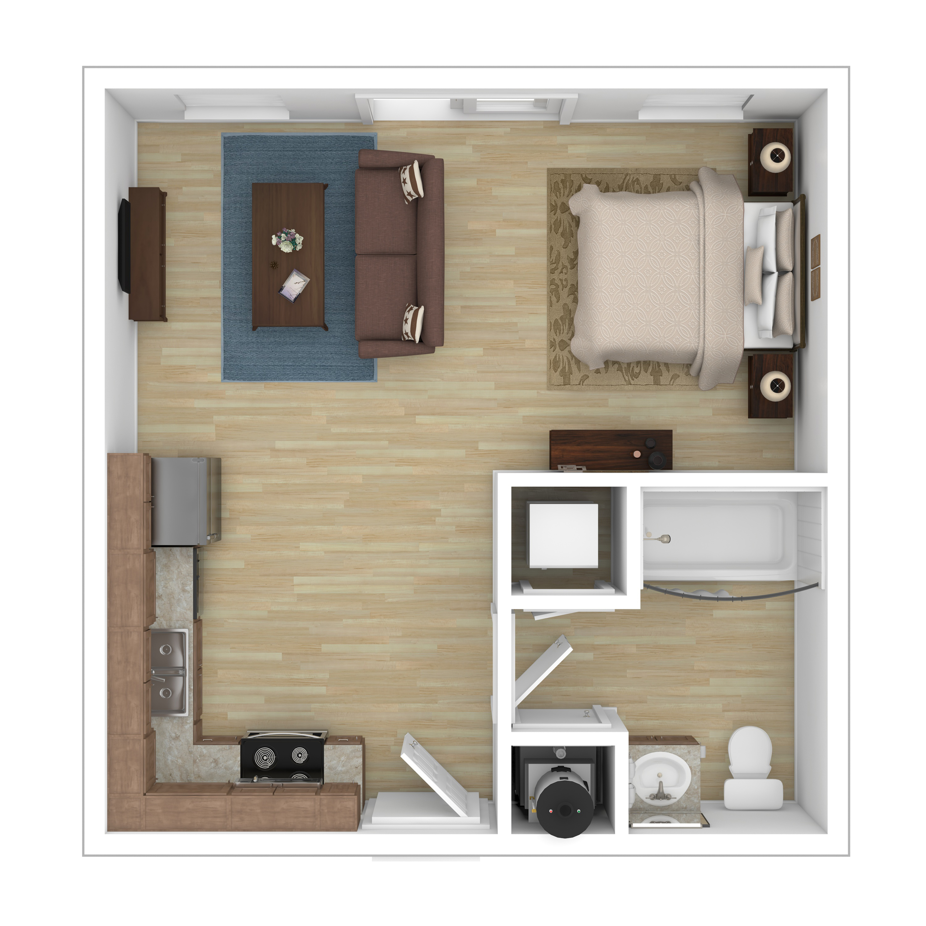 Modern 1-bedroom apartment floor plan with open living area, cozy bedroom, and efficient kitchen layout.