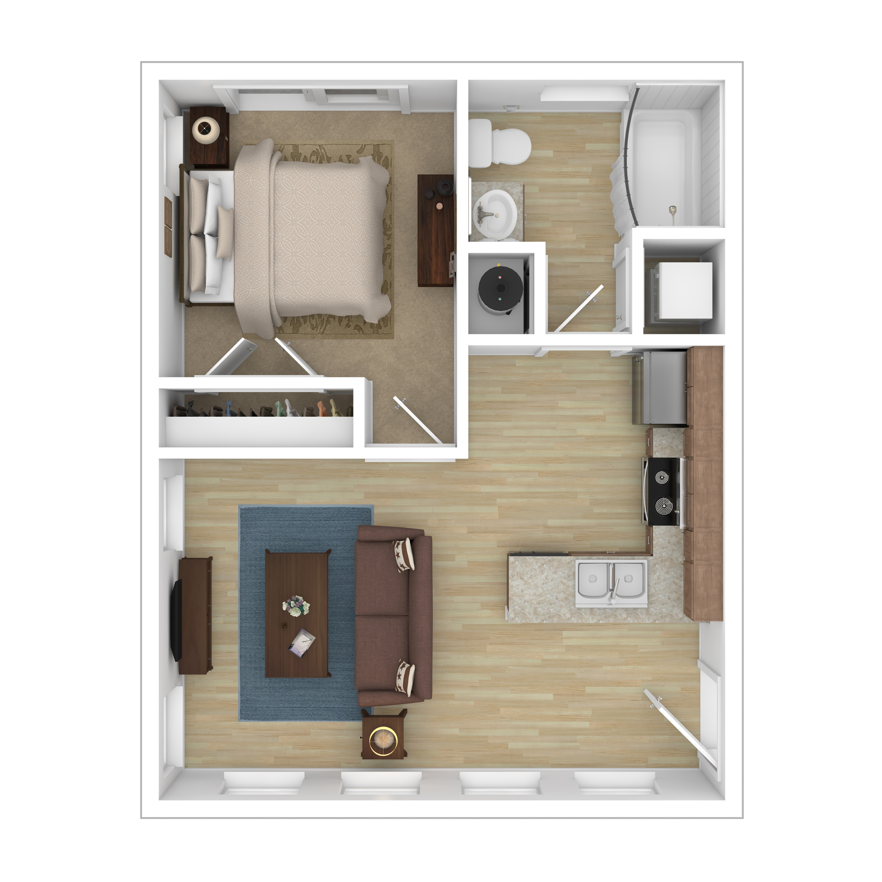 Elegant 2D floor plan showcasing a cozy one-bedroom apartment with an open living area, a modern kitchen, and a spacious bathroom.