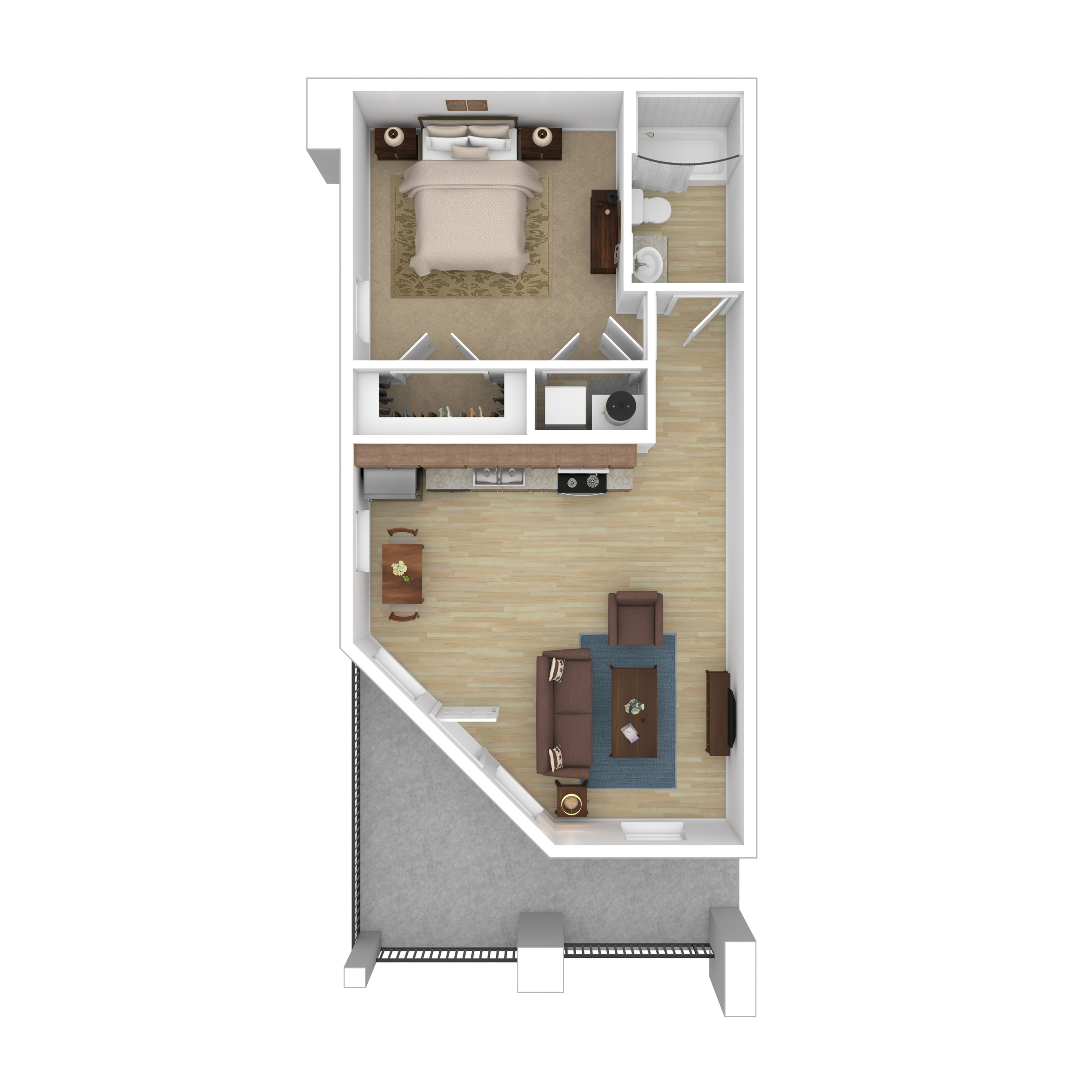 Modern 3D floor plan showcasing a cozy one-bedroom apartment with an open-concept kitchen and living area, elegant bathroom, and private balcony.