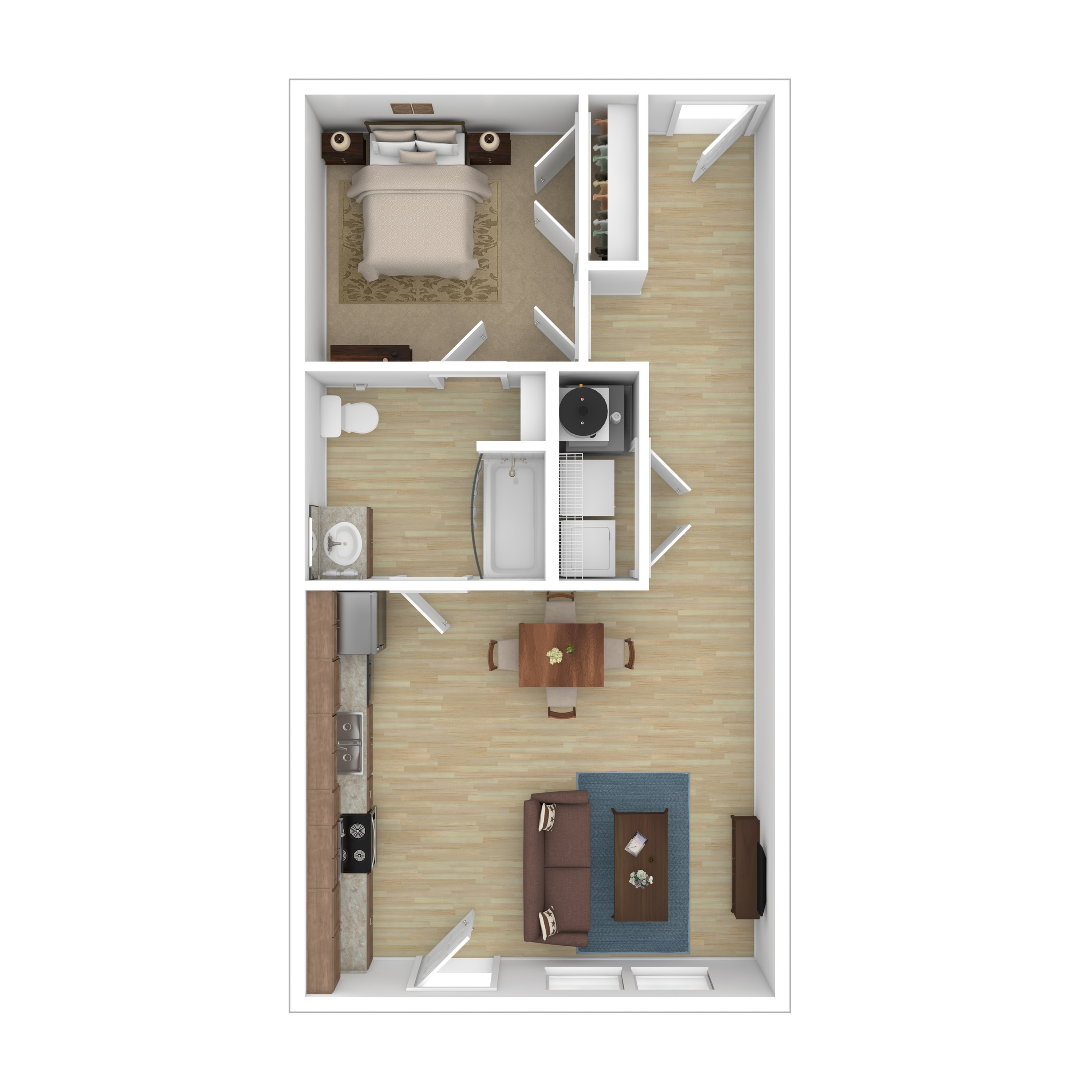 Chic floor plan showcasing a cozy 1-bedroom layout with an open-concept living and dining area, modern kitchen, and elegant bathroom.