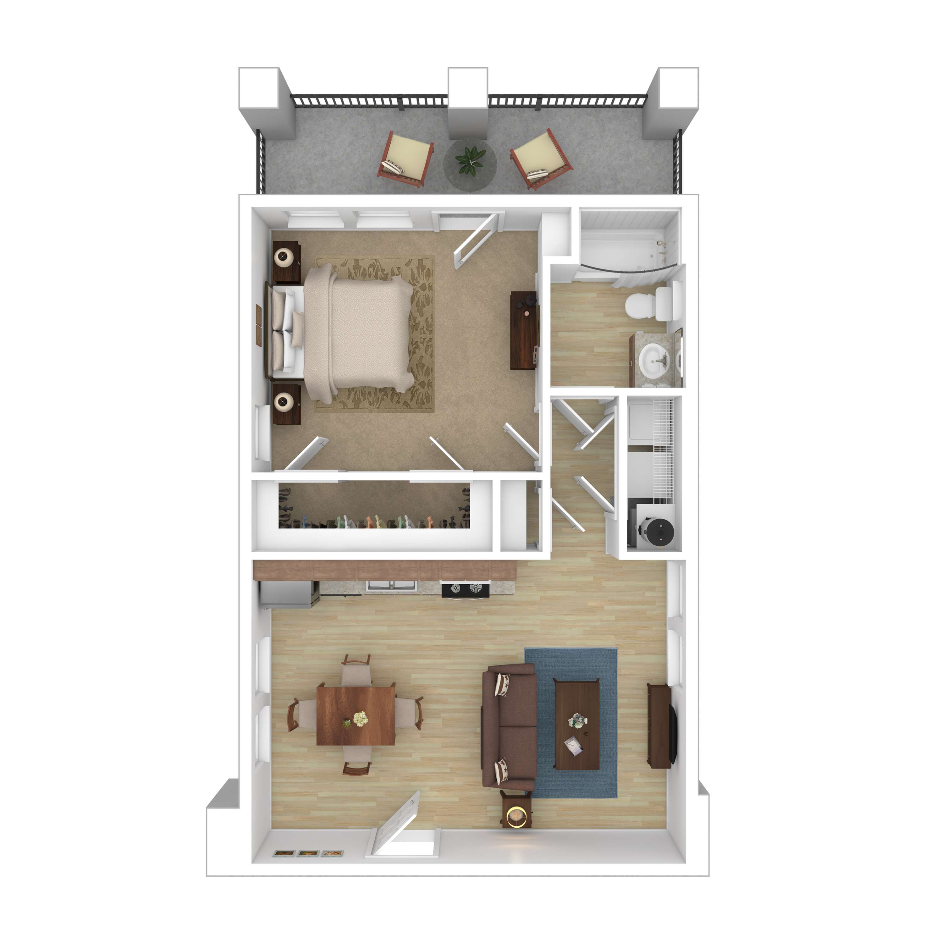 Charming 1-bedroom apartment floor plan with an open living-dining area, modern kitchen, and private balcony.