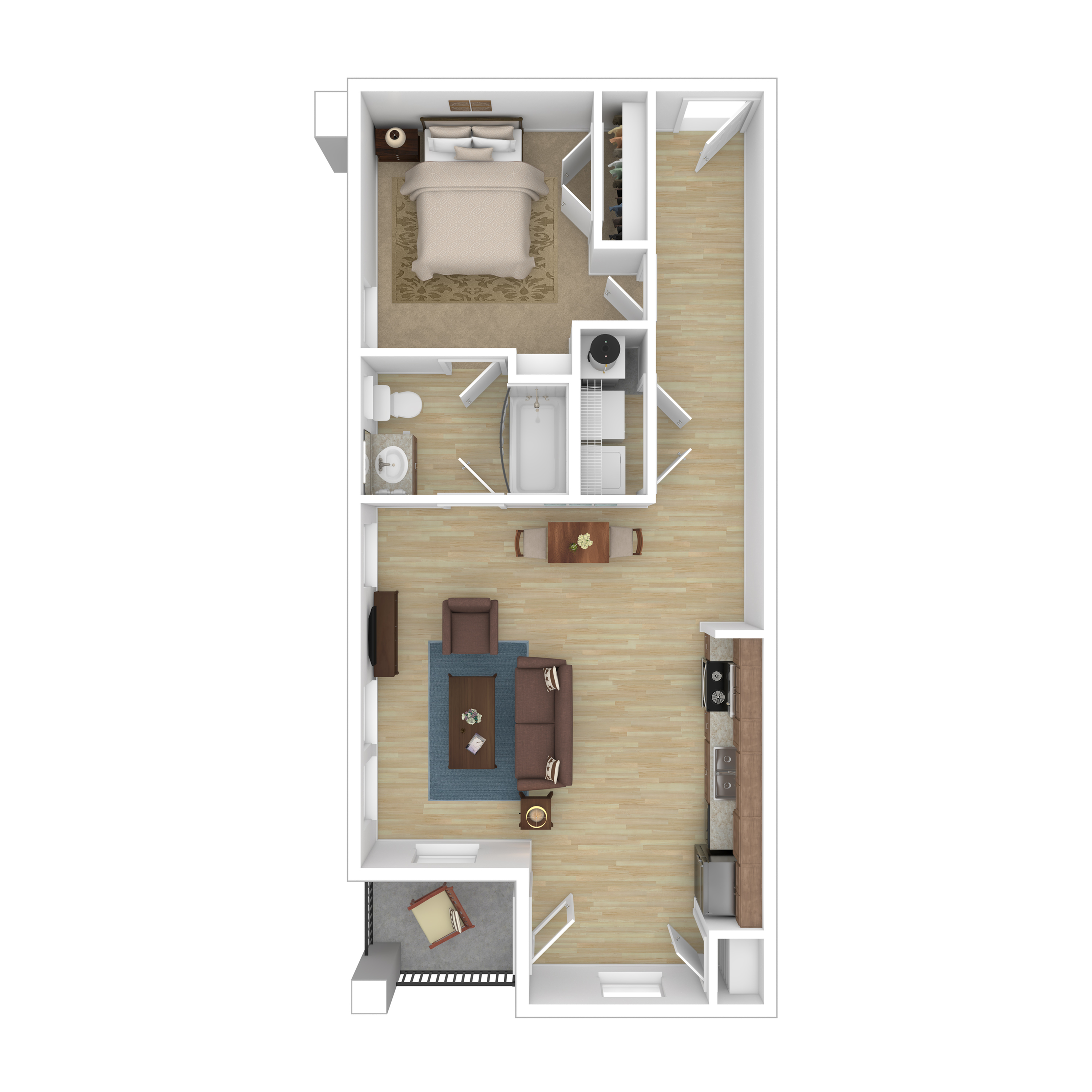 Chic one-bedroom floor plan with a spacious open-concept living area, modern kitchen, and private balcony.