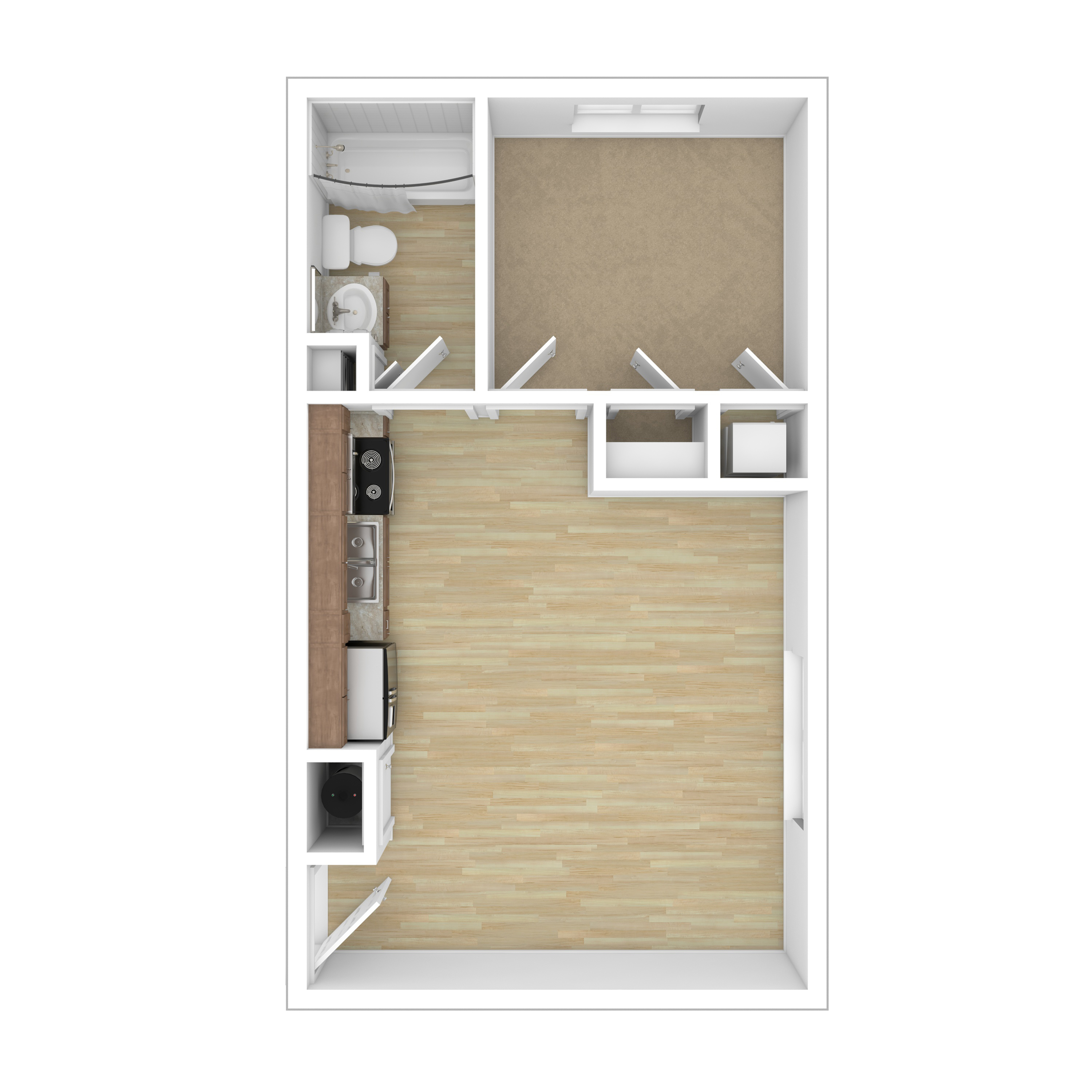 Modern studio apartment floor plan with open living space, cozy bedroom, efficient kitchen, and sleek bathroom.