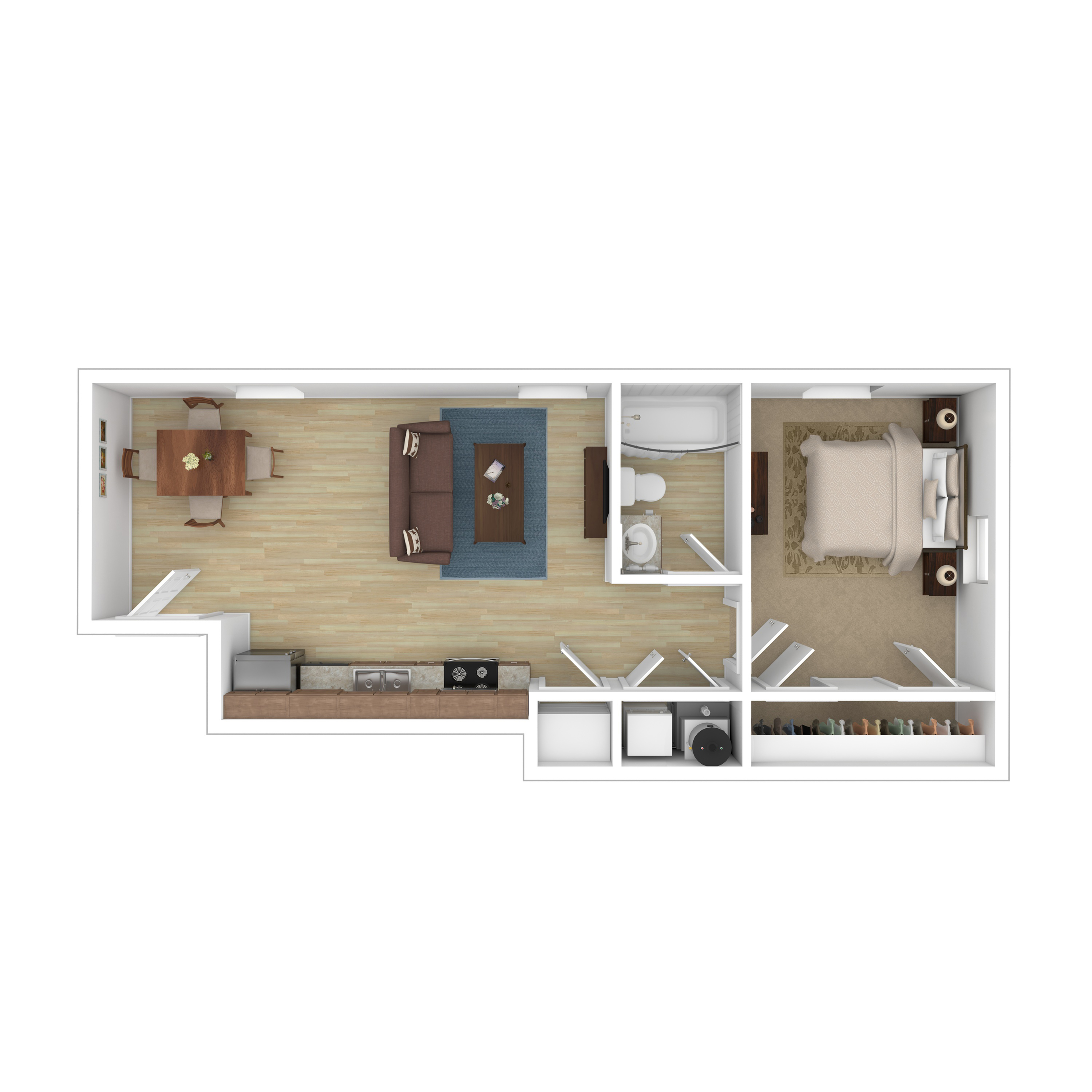 Chic 1-bedroom apartment floor plan with open-concept living room and dining area, modern kitchen, and cozy bathroom.