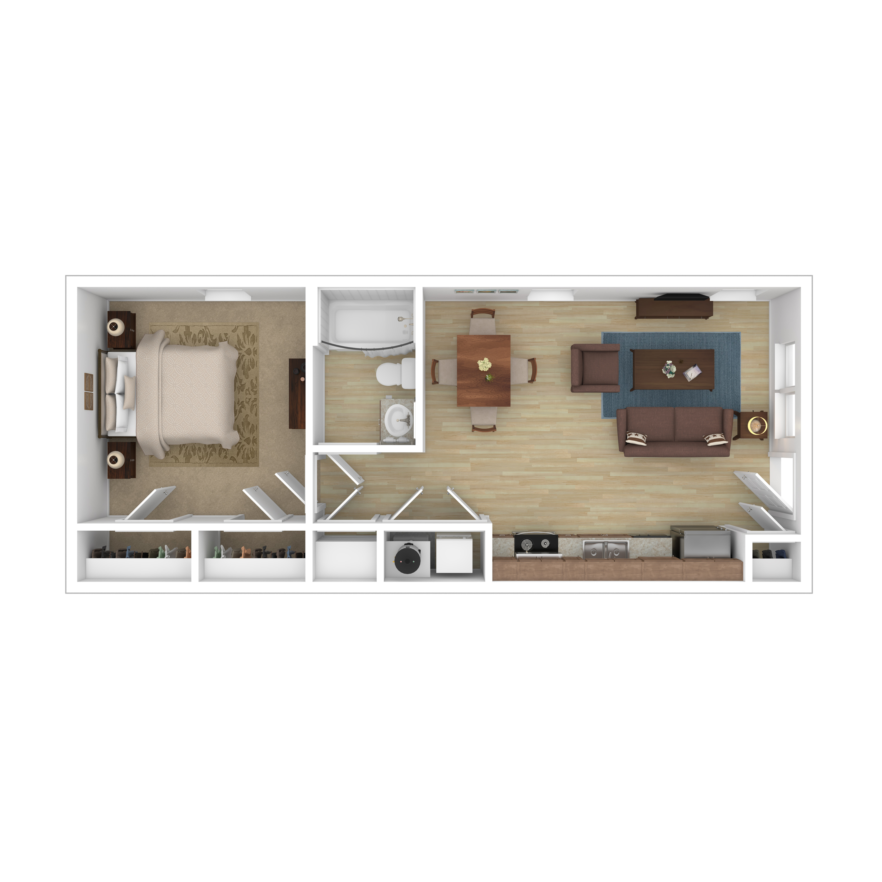 Charming open-concept floor plan featuring one spacious bedroom, a modern bathroom, and a cozy living area with adjacent kitchen.