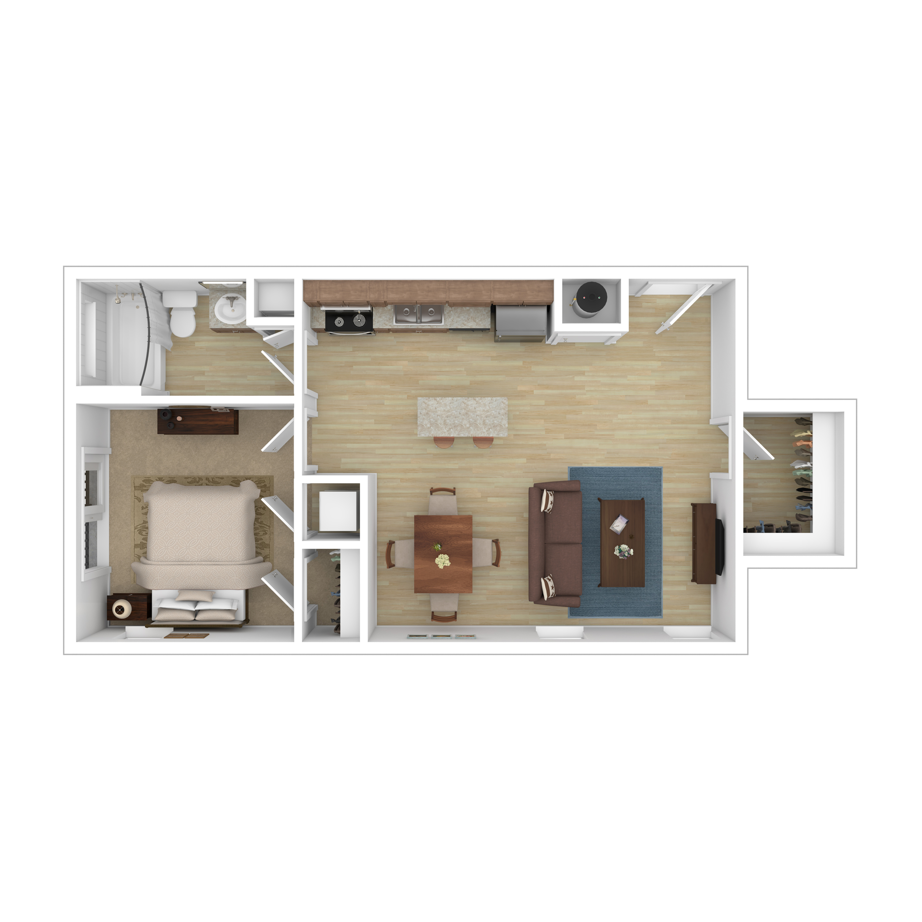 Modern 1-bedroom apartment floor plan featuring an open-concept living and dining area, a well-equipped kitchen, and a cozy bathroom.