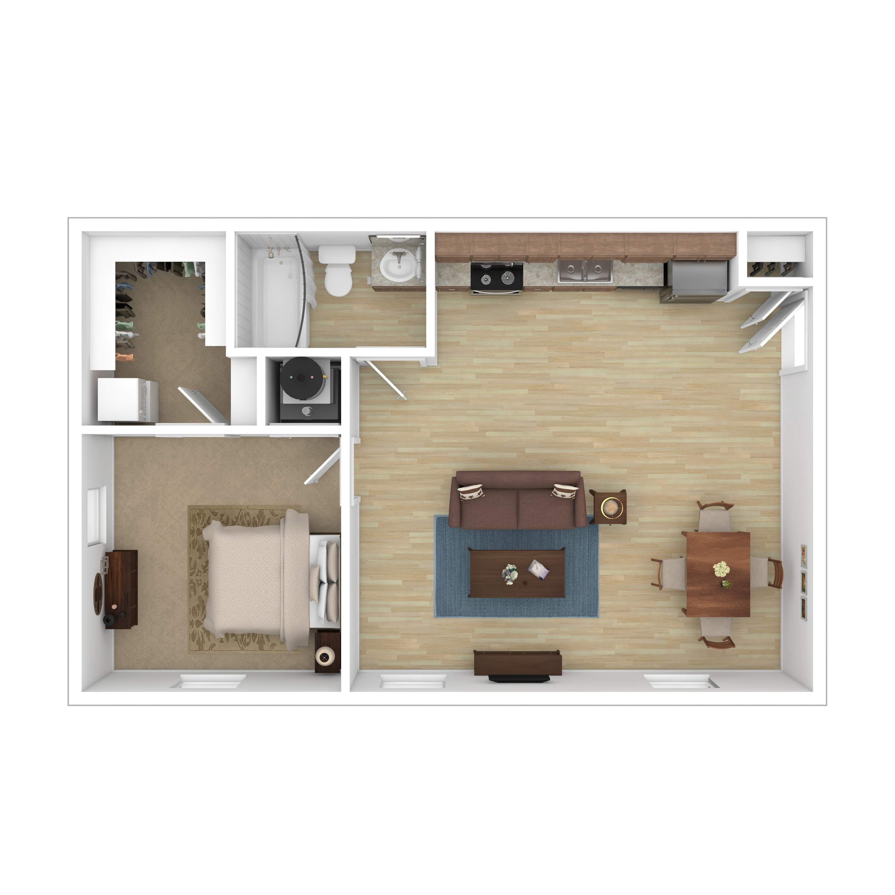 Charming 1-bedroom floor plan with an open-concept living and dining area, modern kitchen, and cozy bathroom.