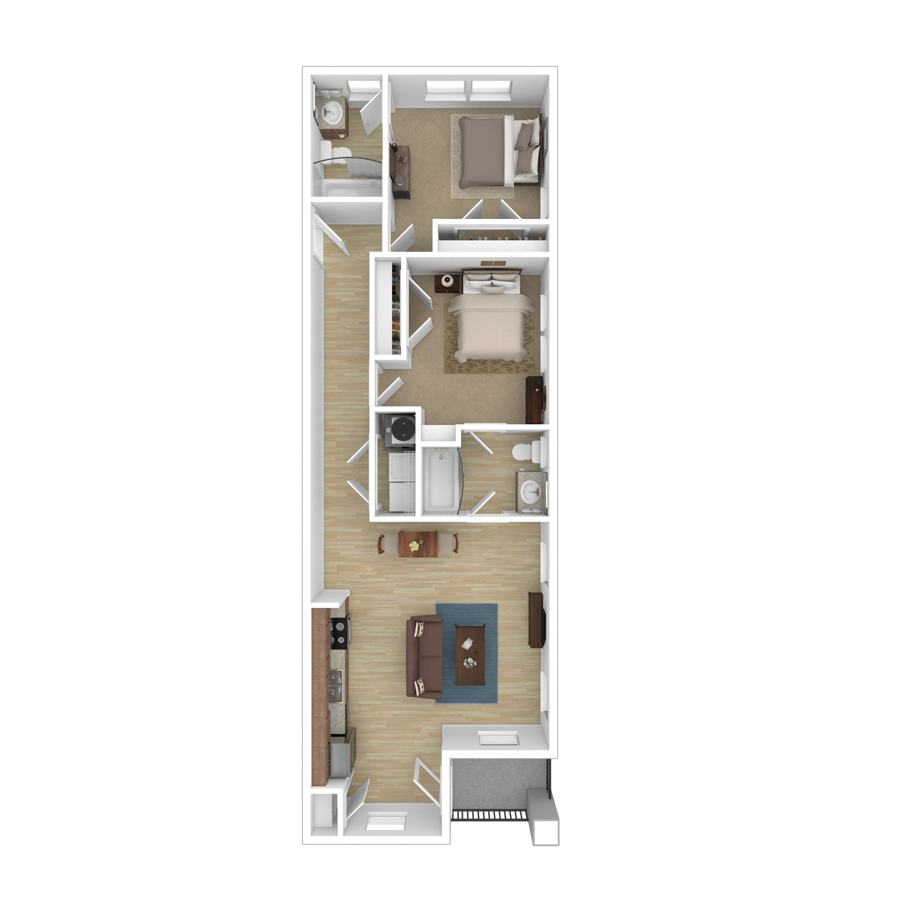 Modern 2D floor plan showcasing 2 bedrooms, inviting living area, and a cozy kitchen space.