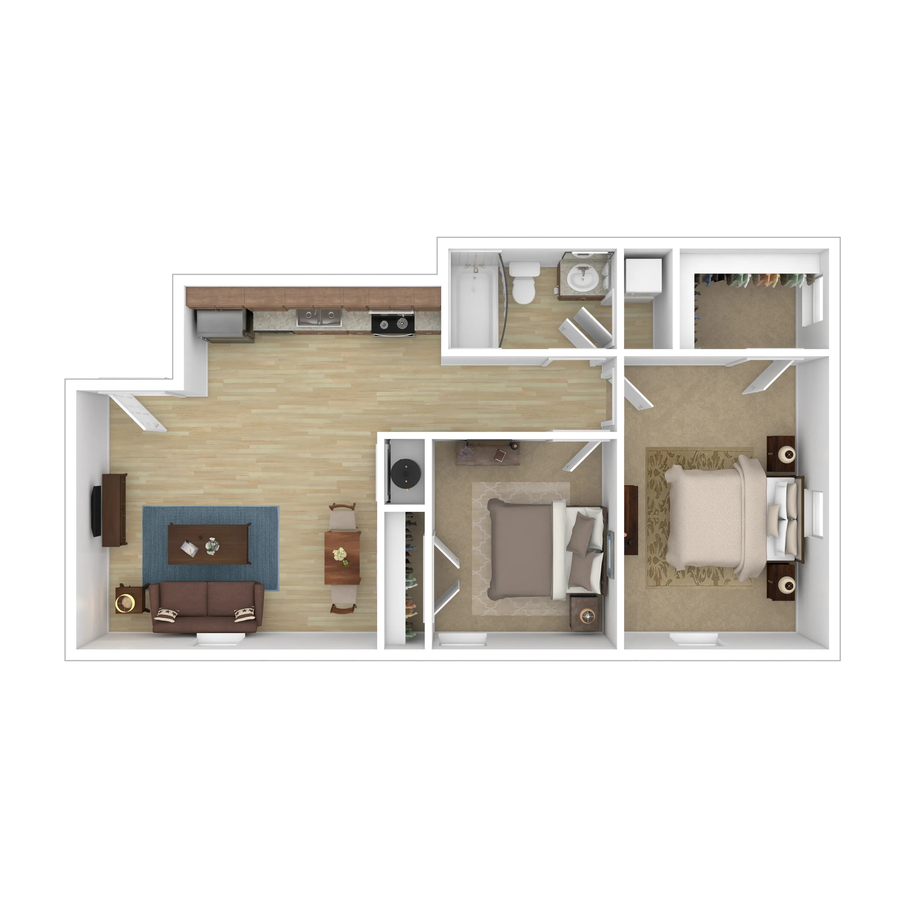 Charming floor plan showcasing two cozy bedrooms, an inviting open-concept living room with a modern kitchen, and a sleek bathroom.