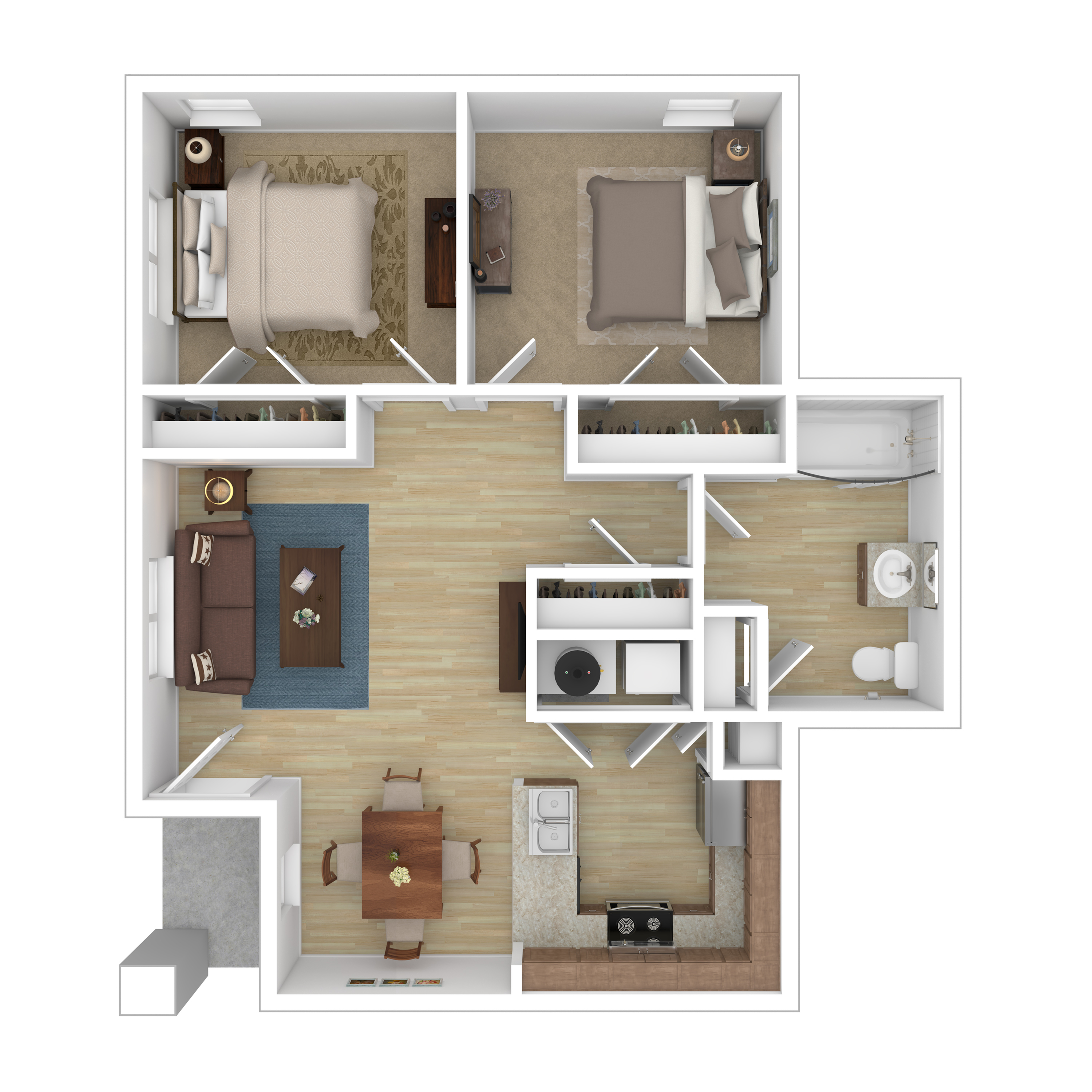 Modern 2D floor plan featuring 2 cozy bedrooms, an inviting open living and dining space, a sleek kitchen, and a well-equipped bathroom.