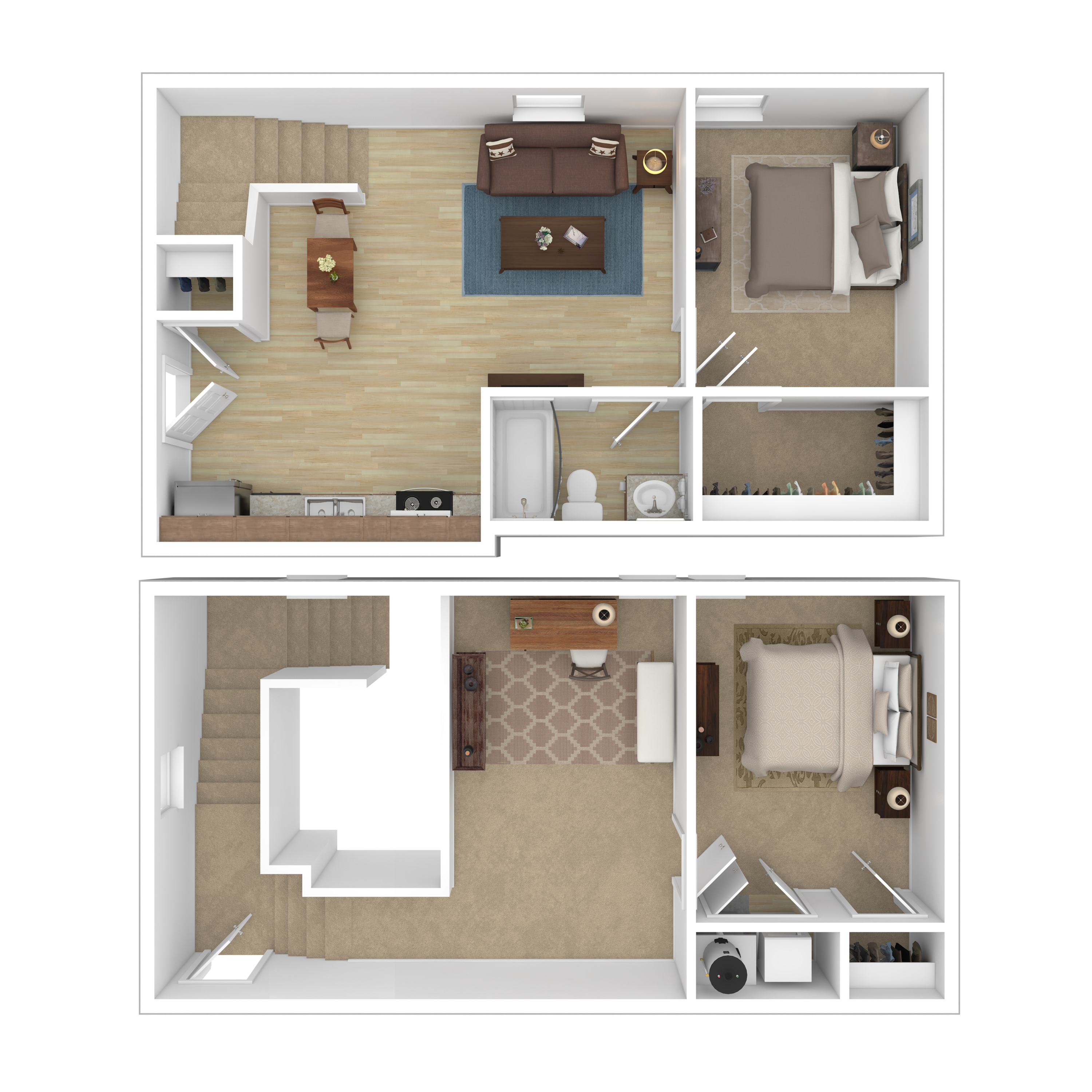 Modern 2-level floor plan featuring 2 cozy bedrooms, a spacious open living area, stylish kitchen, and a home office space, designed for comfortable urban living.