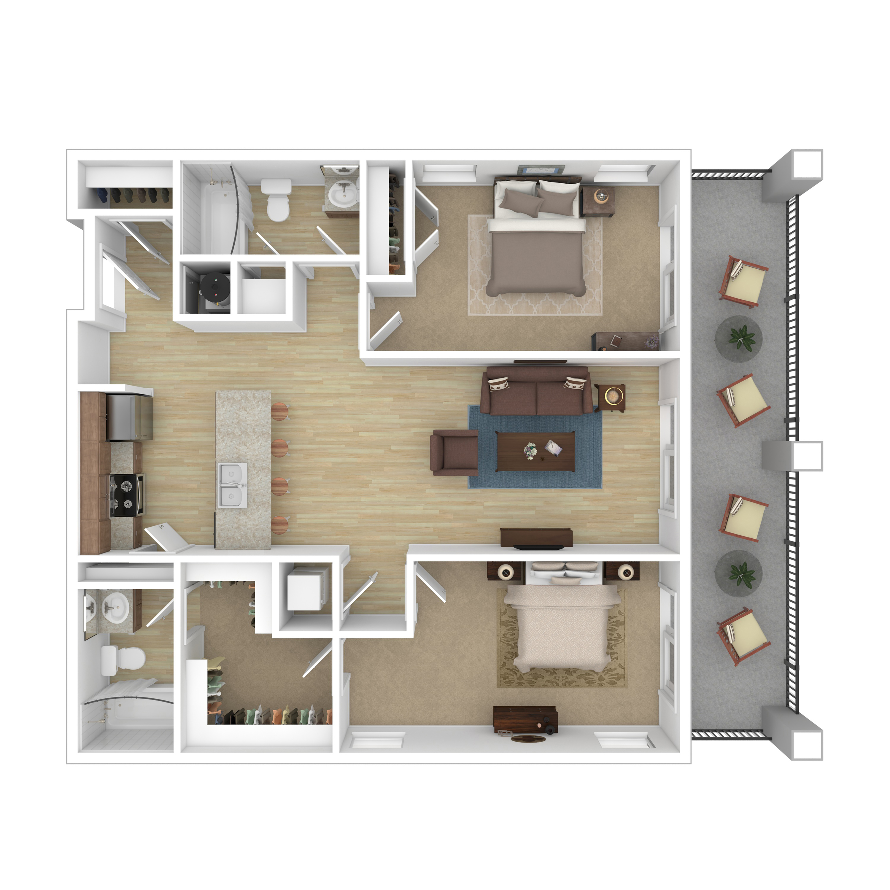 Elegant 2D floor plan showcasing 2 bedrooms, modern open-concept kitchen, and cozy living room with direct access to a spacious balcony.