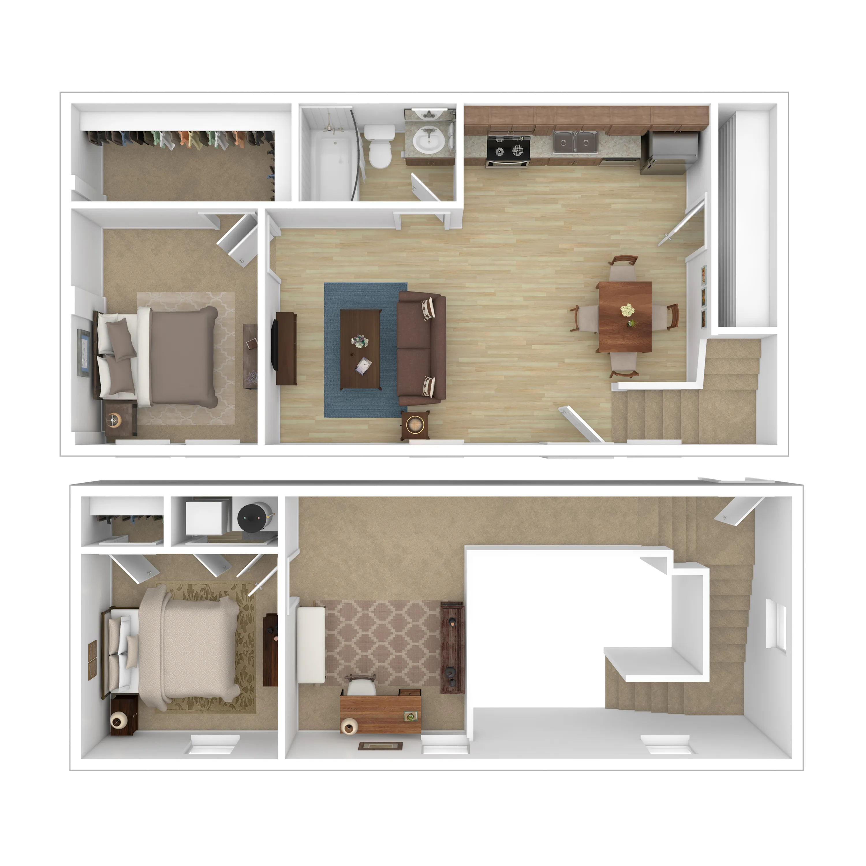 Charming two-story floor plan with two bedrooms, cozy living area, modern kitchen, and elegant dining space.