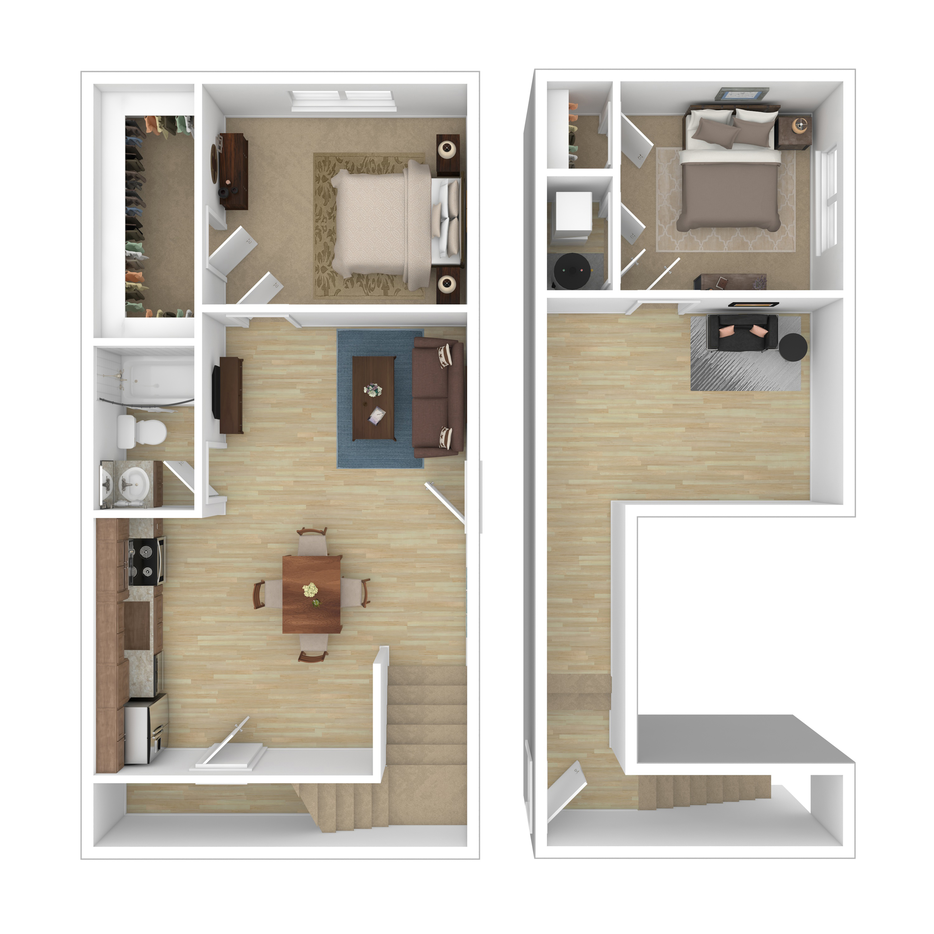 Chic 2D floor plan showcasing a modern two-bedroom apartment with an open living area, stylish kitchen, and cozy bedrooms.