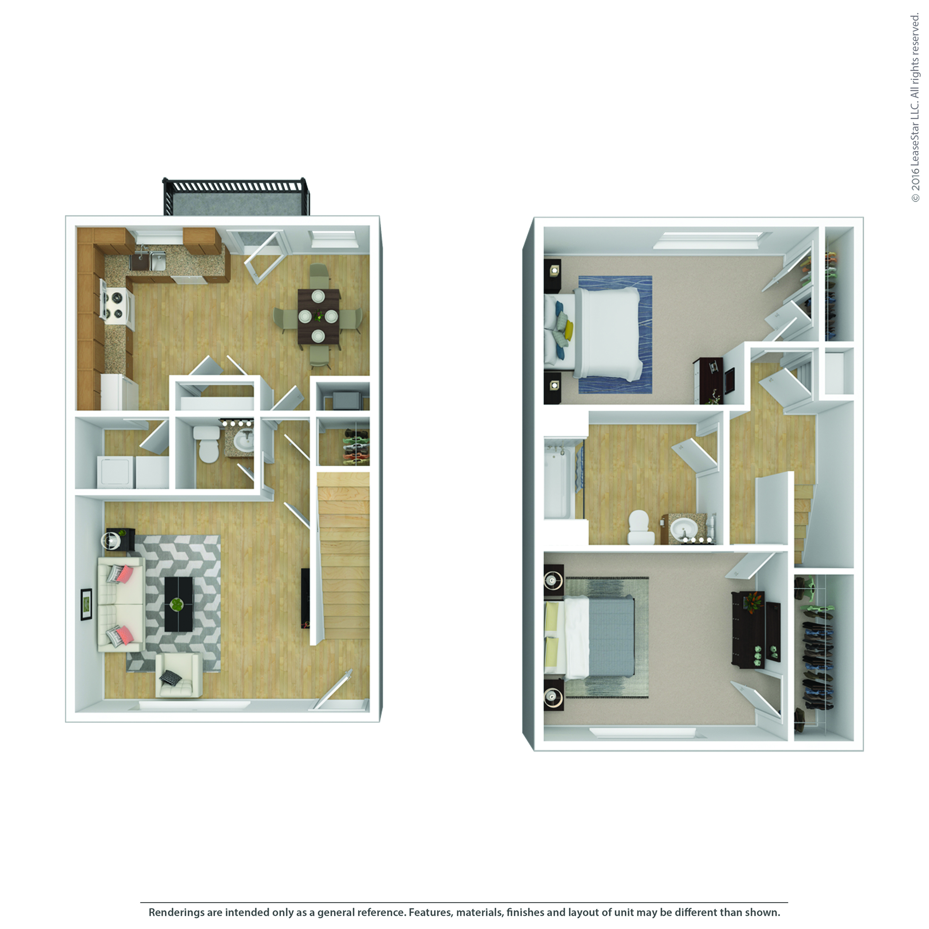 Charming 2D floor plan displaying two levels with 2 bedrooms, cozy living area, modern kitchen, and dining space, ideal for elegant living.