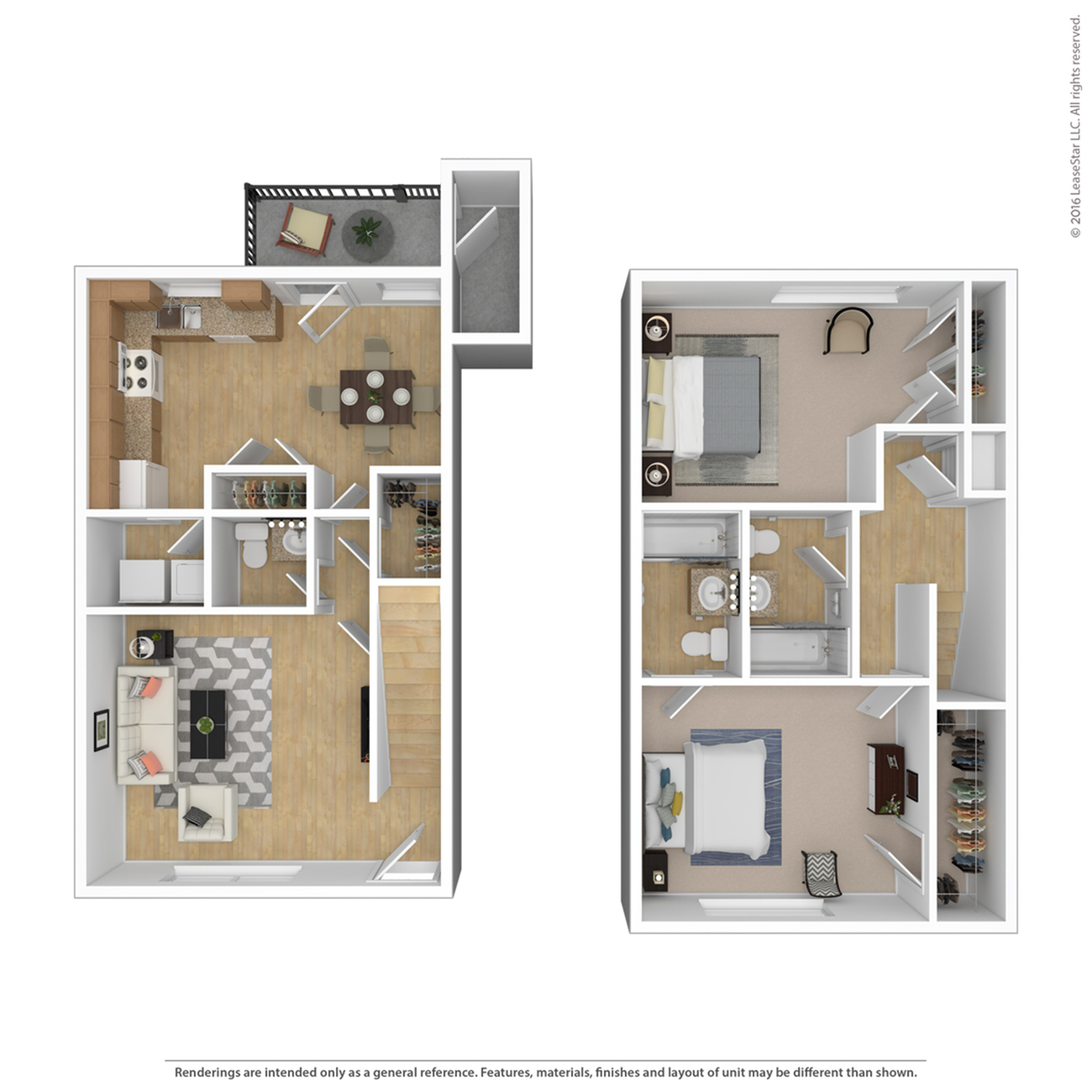 Charming two-story floor plan featuring an open-concept kitchen and dining area, cozy living room, two spacious bedrooms, and two bathrooms with ample closet space.