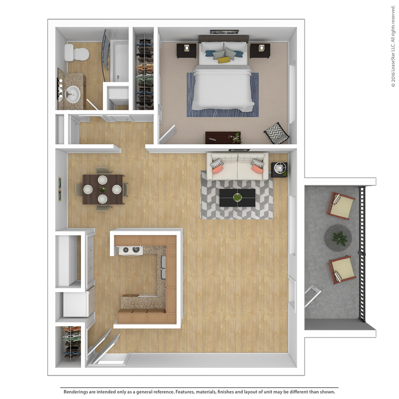 Elegant 1-bedroom floor plan featuring an open-concept living and dining area, modern kitchen, and spacious balcony.