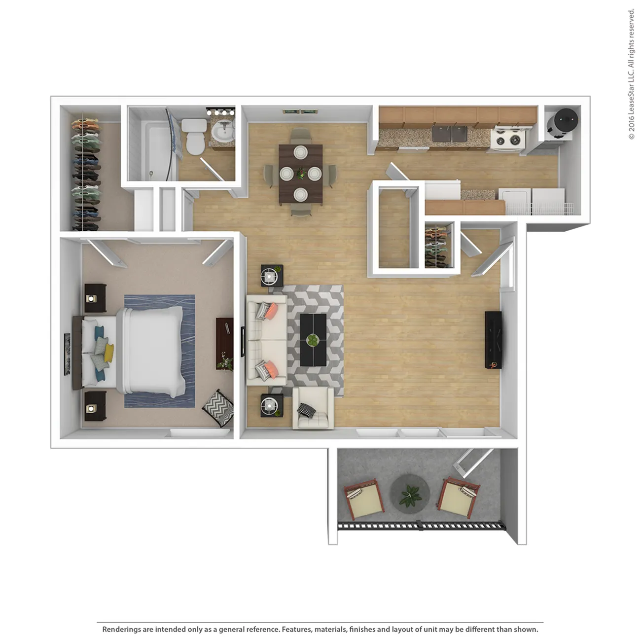 Modern 1-bedroom apartment floor plan with spacious living room, sleek kitchen, cozy bathroom, and a charming balcony.