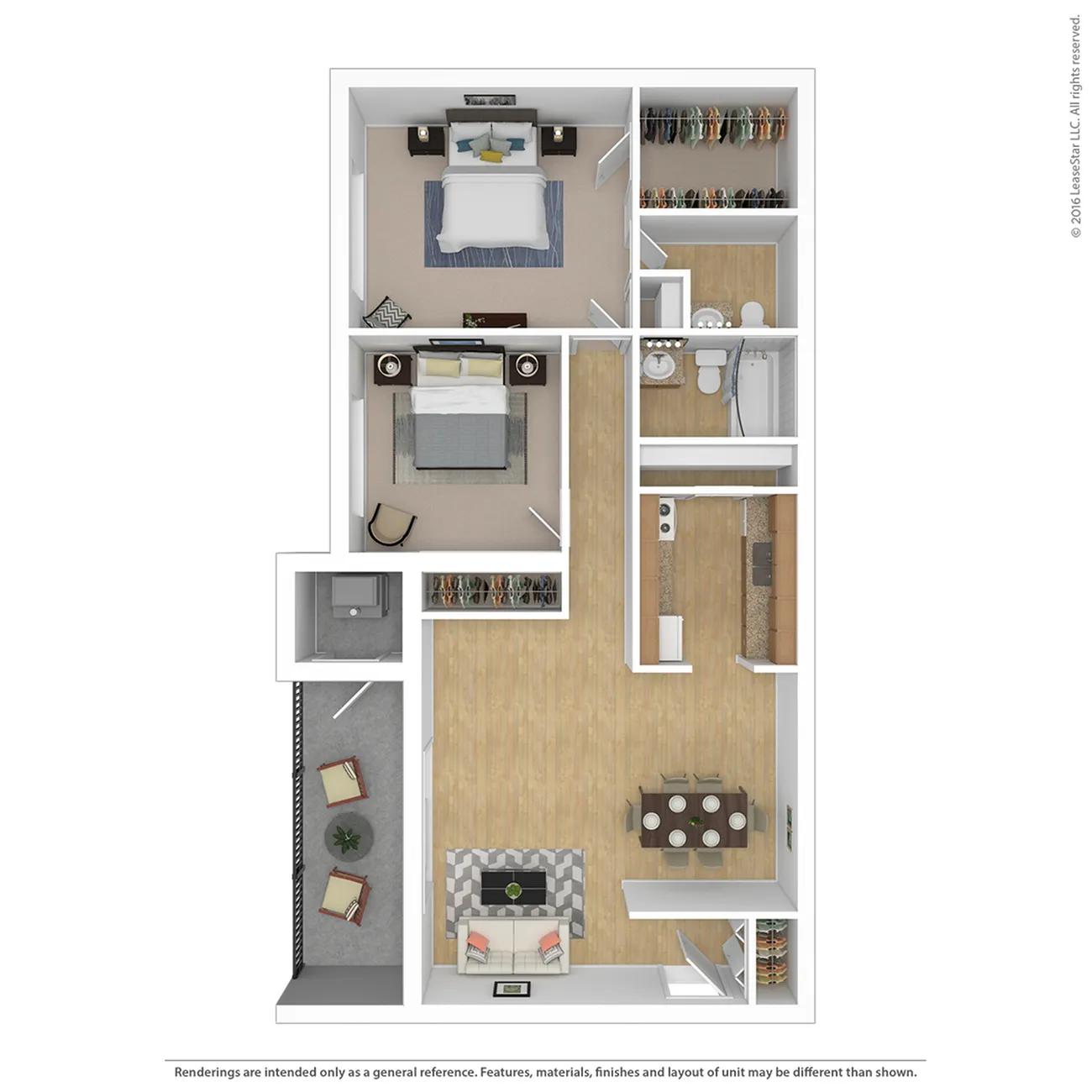 Contemporary 3D floor plan featuring 2 bedrooms, open kitchen with dining area, spacious living room, and private balcony.