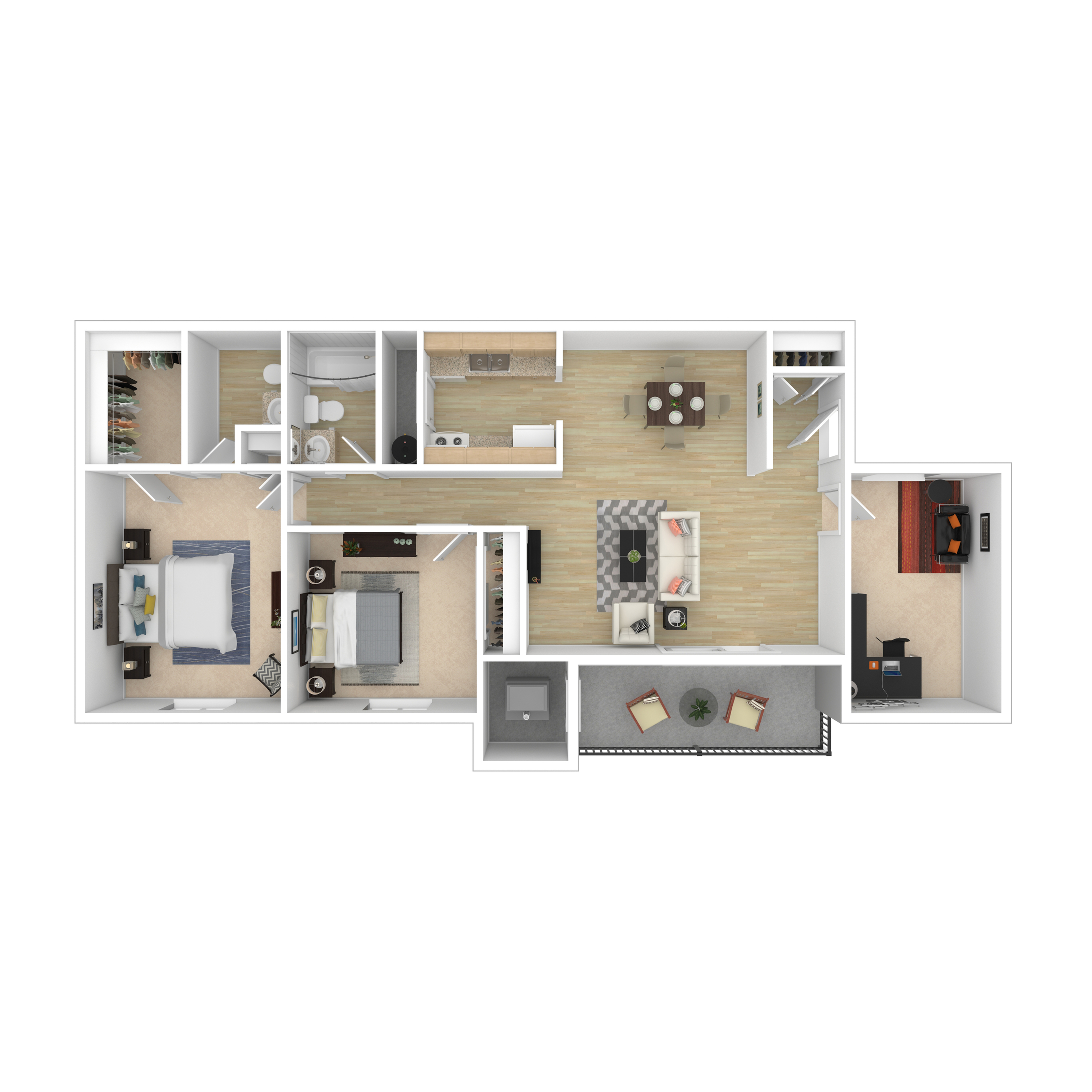 Modern 3D floor plan showcasing a spacious 2-bedroom apartment with a stylish living room, open kitchen, and cozy balcony.