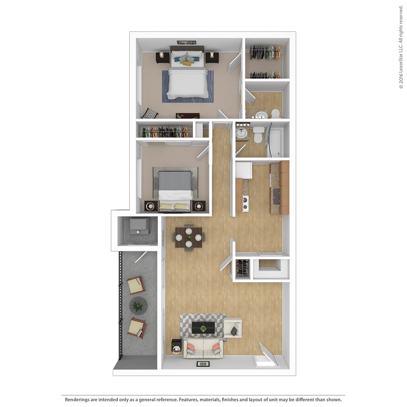 Modern apartment floor plan featuring two cozy bedrooms, a sleek kitchen, open living and dining area, and a private balcony for relaxation.