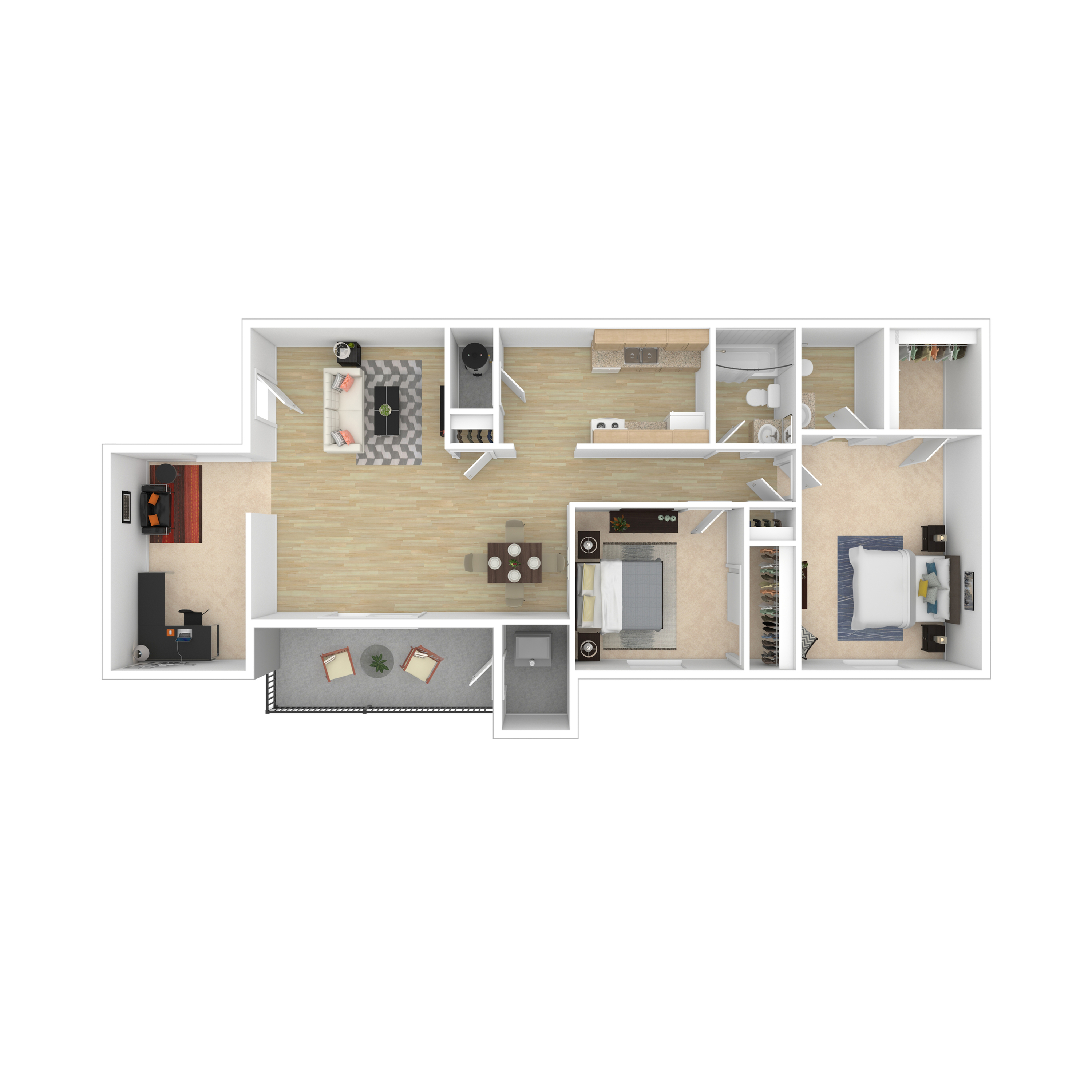 Chic 2D floor plan featuring 2 bedrooms, an open living area, modern kitchen, and a cozy balcony.