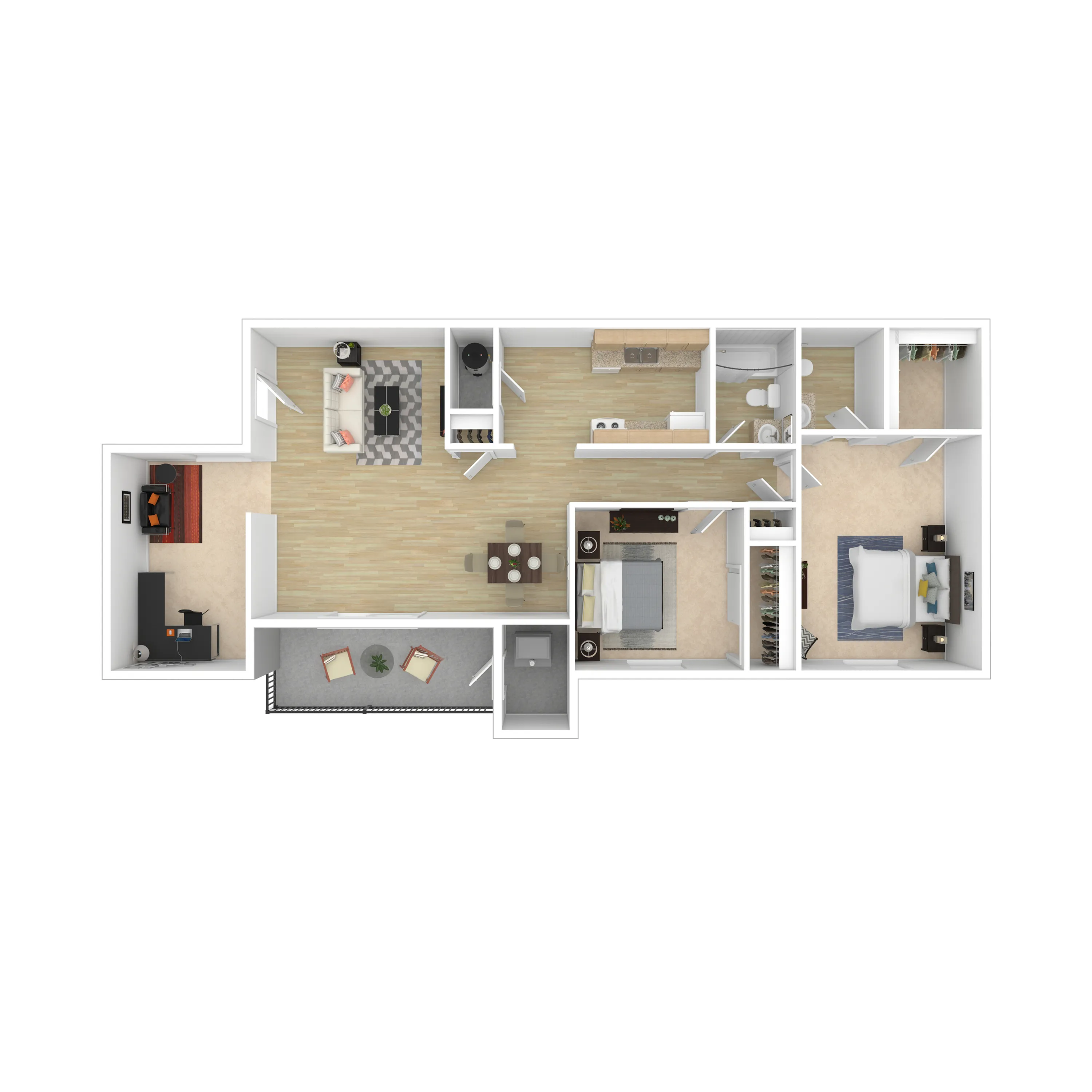 Modern 2D floor plan featuring two spacious bedrooms, inviting living area, stylish kitchen, and private balcony.