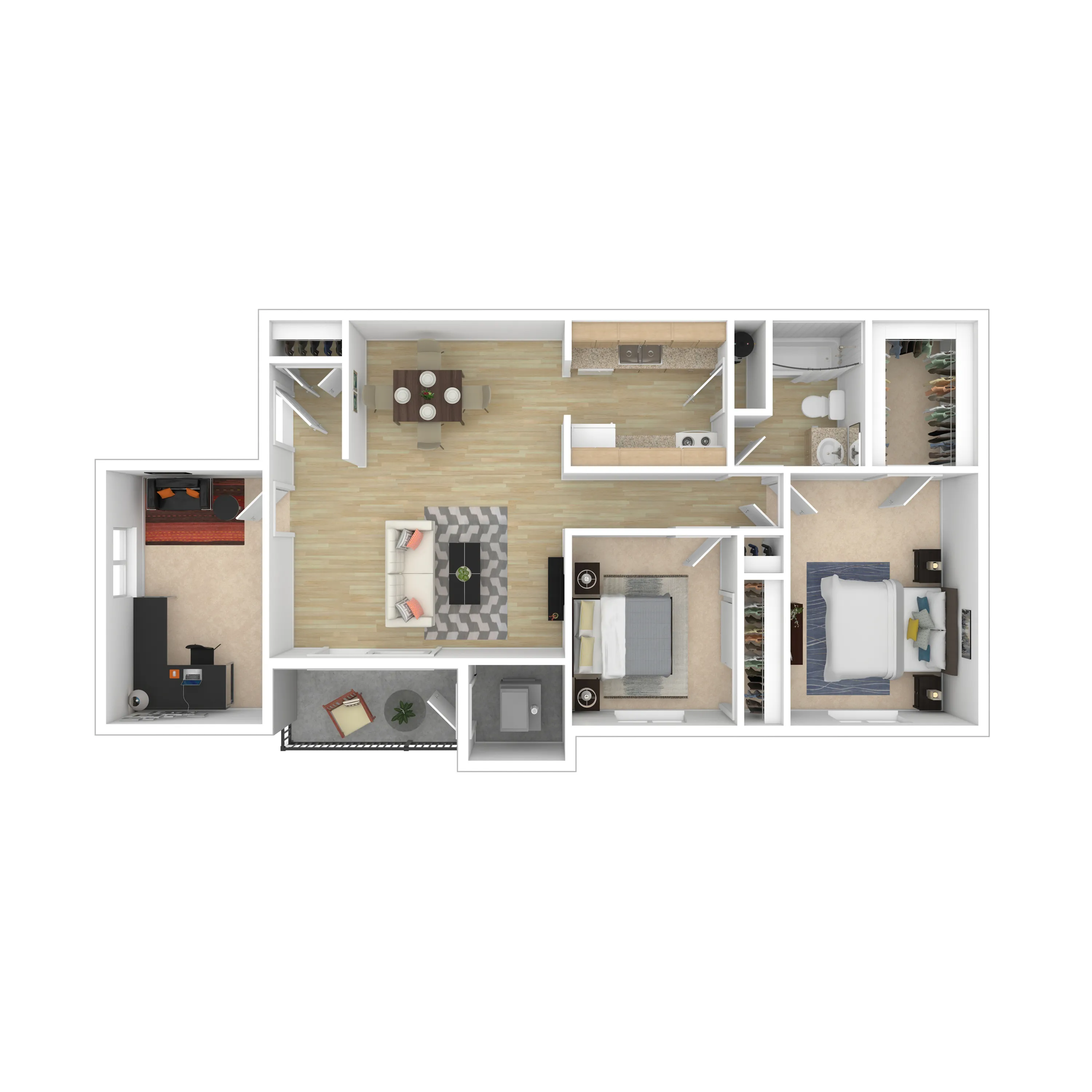 Modern 2-bedroom apartment floor plan with open living-dining area, sleek kitchen, and two cozy bedrooms, featuring a home office and private balcony.