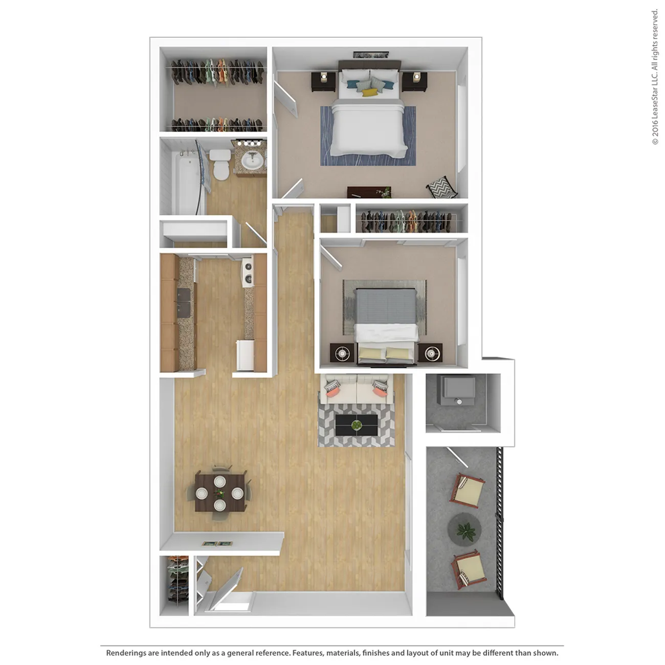 Modern apartment floor plan showcasing 2 bedrooms, a sleek kitchen, cozy living room, full bathroom, and private patio.