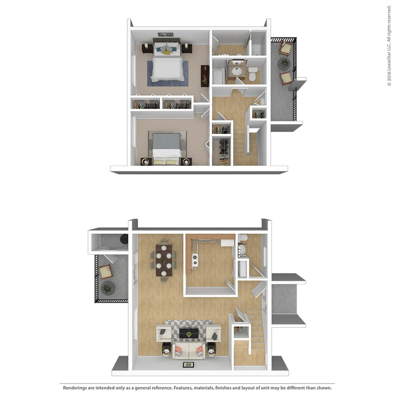 Modern 2D floor plan showcasing spacious two-bedroom layout with open living and dining area, a contemporary kitchen, and private balconies.