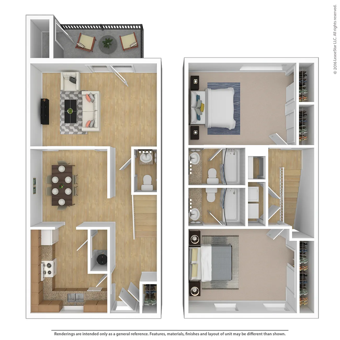 Modern 3D floor plan featuring two bedrooms, spacious living area, stylish kitchen, and cozy balcony.
