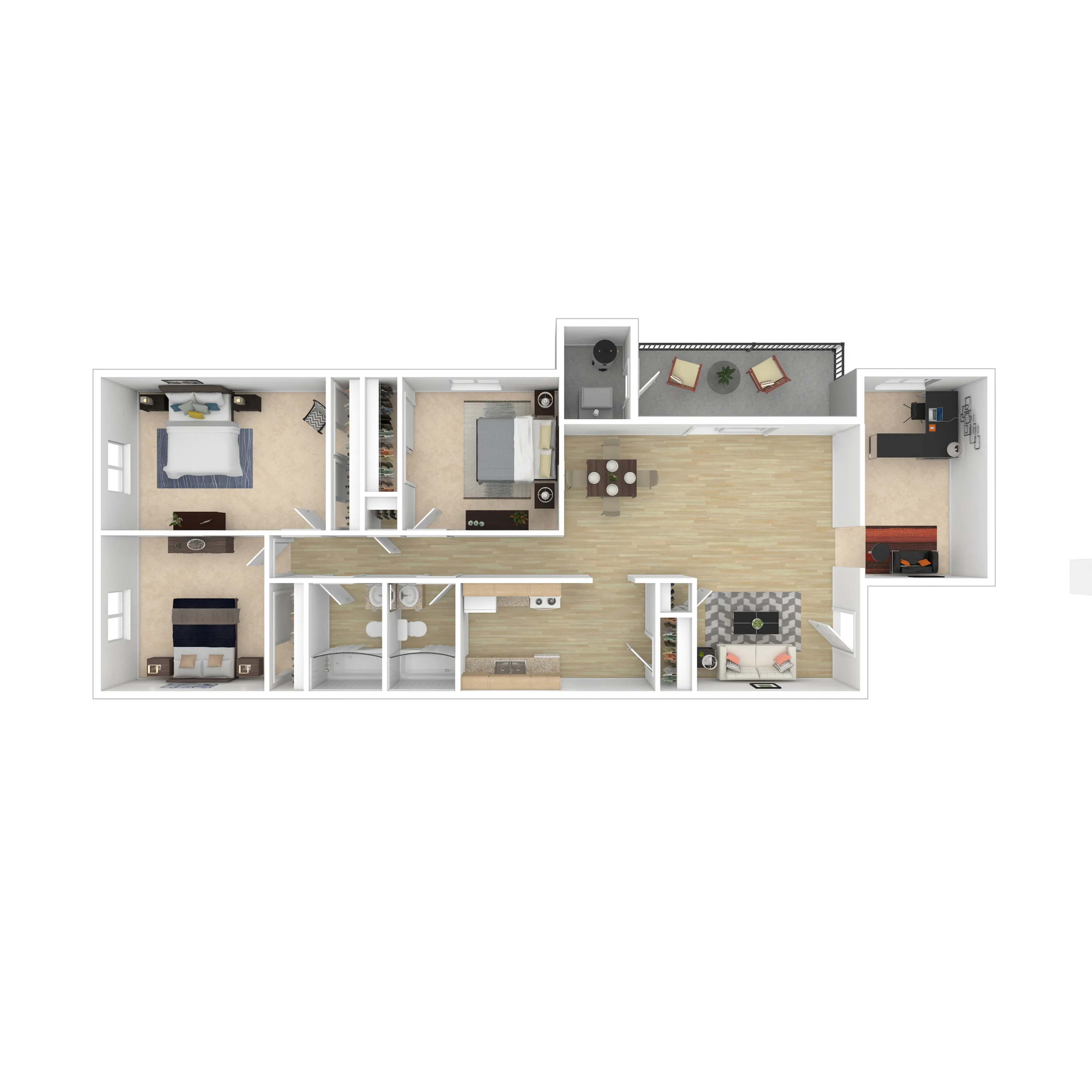 Modern 3D floor plan showcasing 2 bedrooms, a spacious open-concept living and dining area, elegant kitchen, and a private balcony.