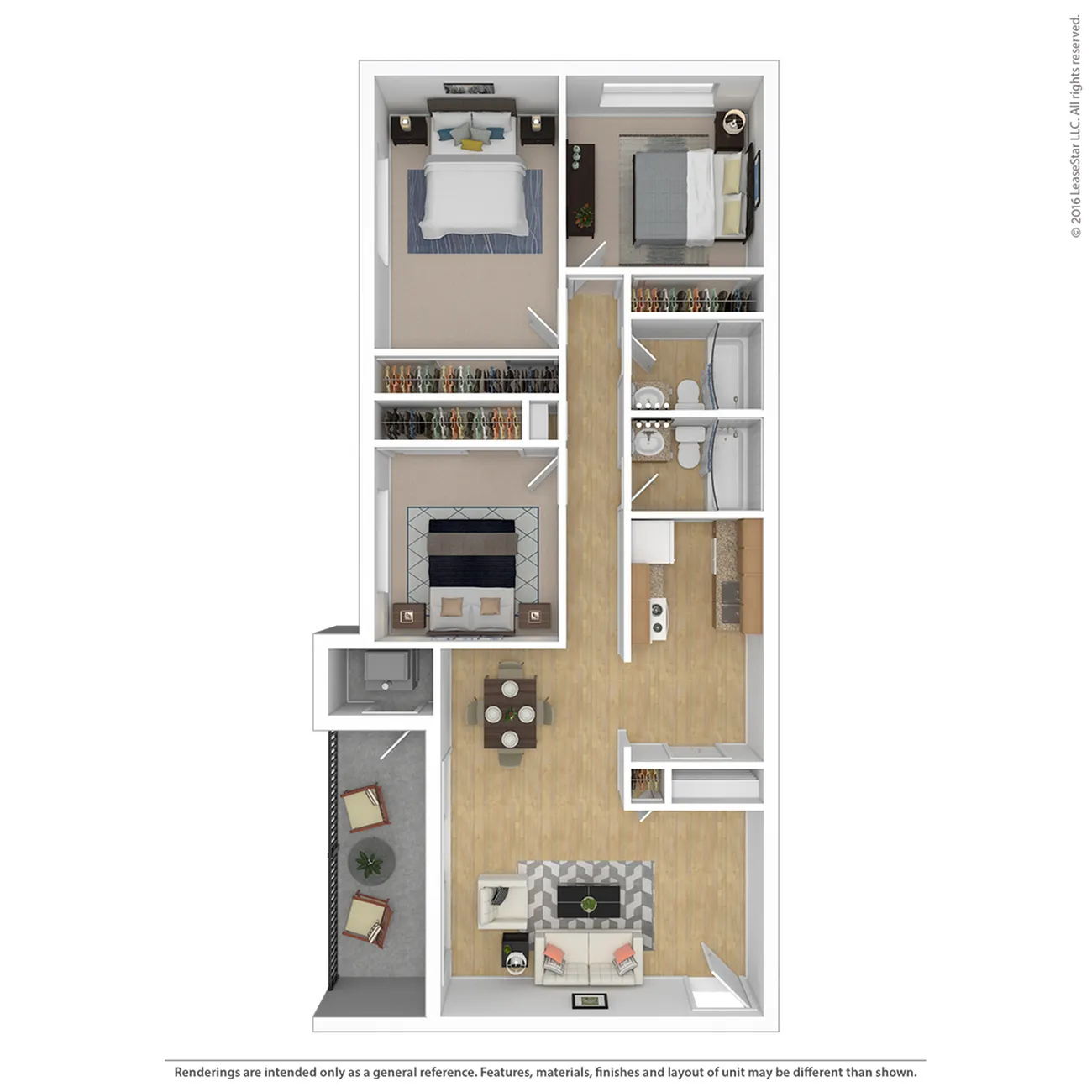 Modern floor plan showcasing two cozy bedrooms, a sleek kitchen, open living and dining area, with an inviting balcony space.