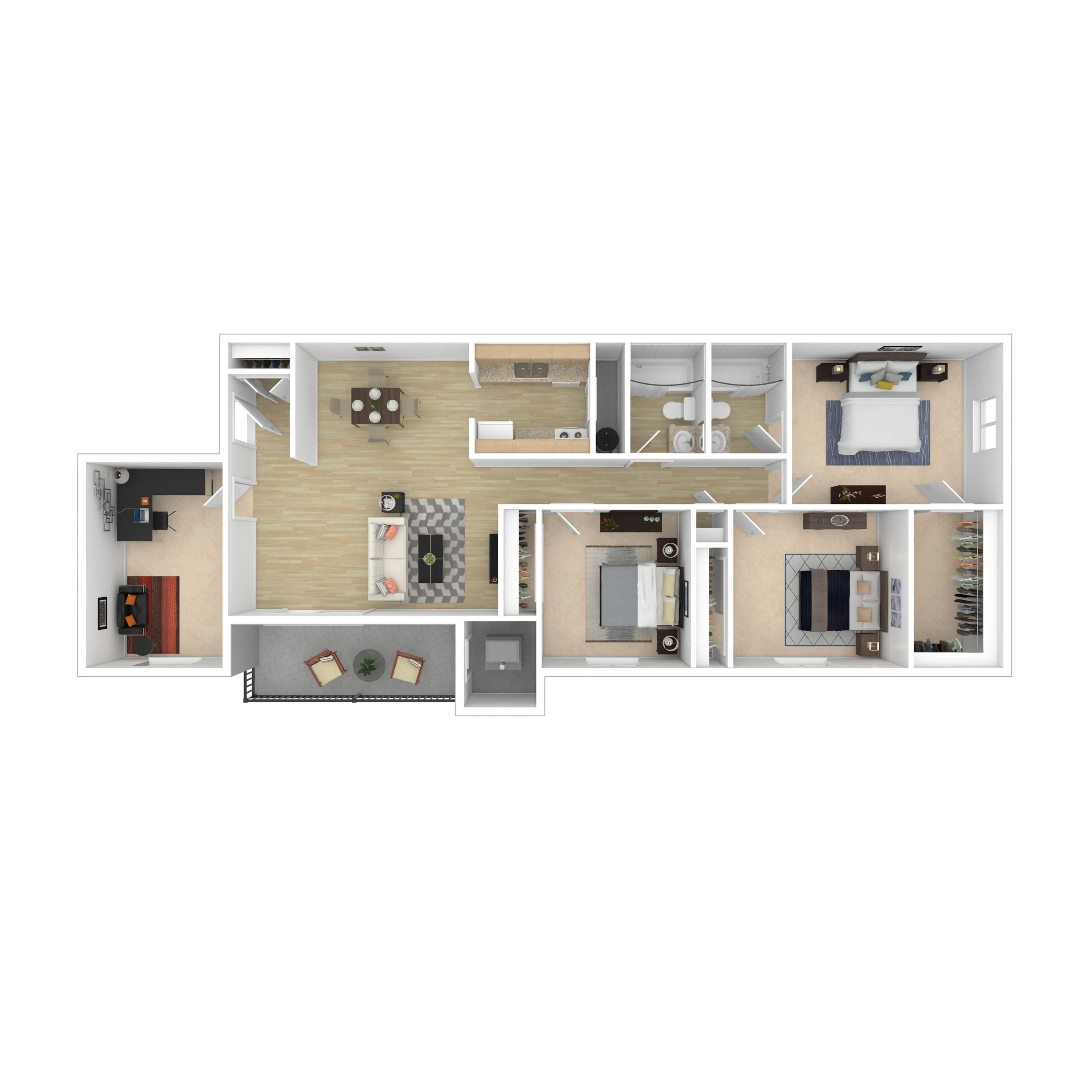 Modern 3D floor plan showcasing a spacious three-bedroom layout with an open-concept living and dining area, sleek kitchen, and a charming balcony.