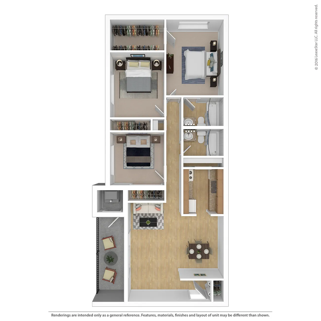 Modern floor plan with two spacious bedrooms, cozy living room, sleek kitchen, and private balcony.