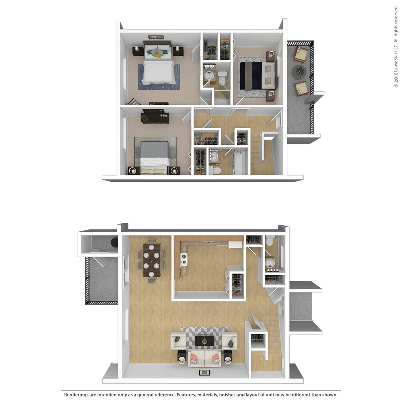 Elegant 3D floor plan showcasing two spacious bedrooms, a modern kitchen, cozy living area, and a private balcony.