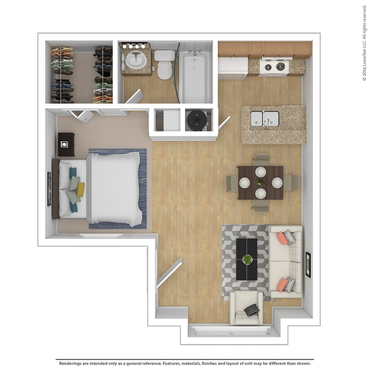 Modern 1-bedroom apartment floor plan with open-concept kitchen, inviting living area, and elegant ensuite bathroom.