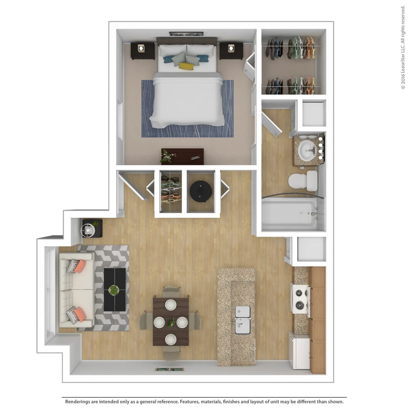 Modern 1-bedroom apartment floor plan with open-concept living area, stylish kitchen, and cozy dining space.