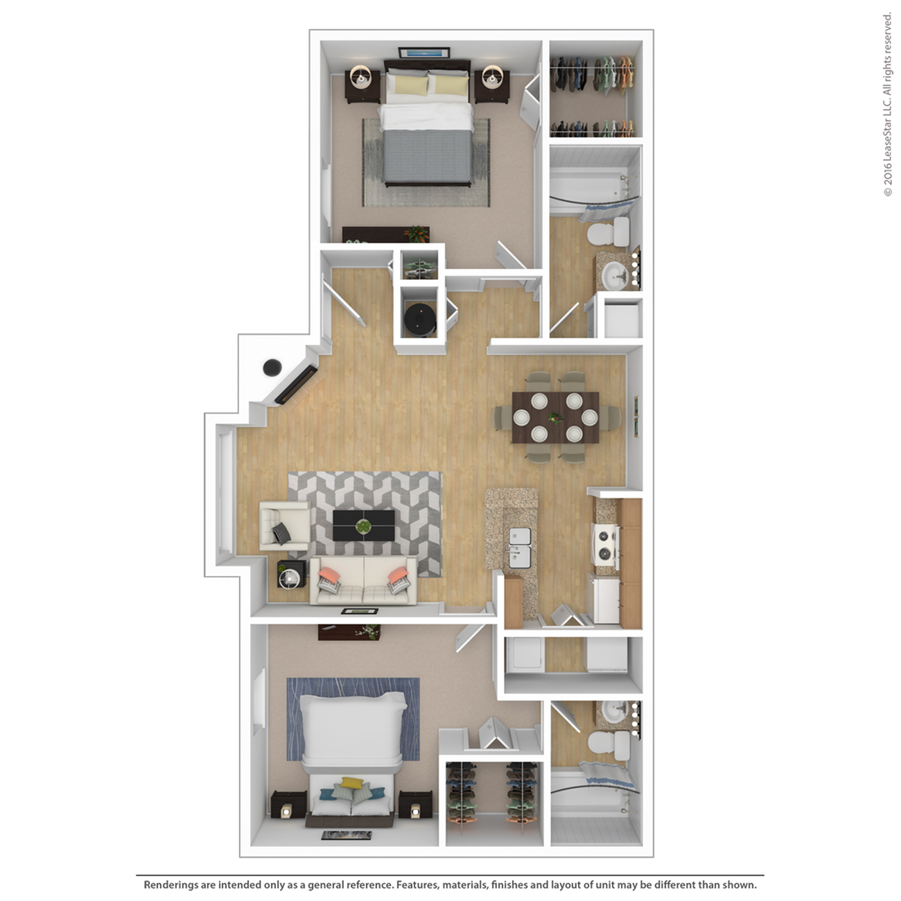 Modern apartment floor plan displaying two cozy bedrooms, spacious living area, and fully-equipped kitchen with dining space.