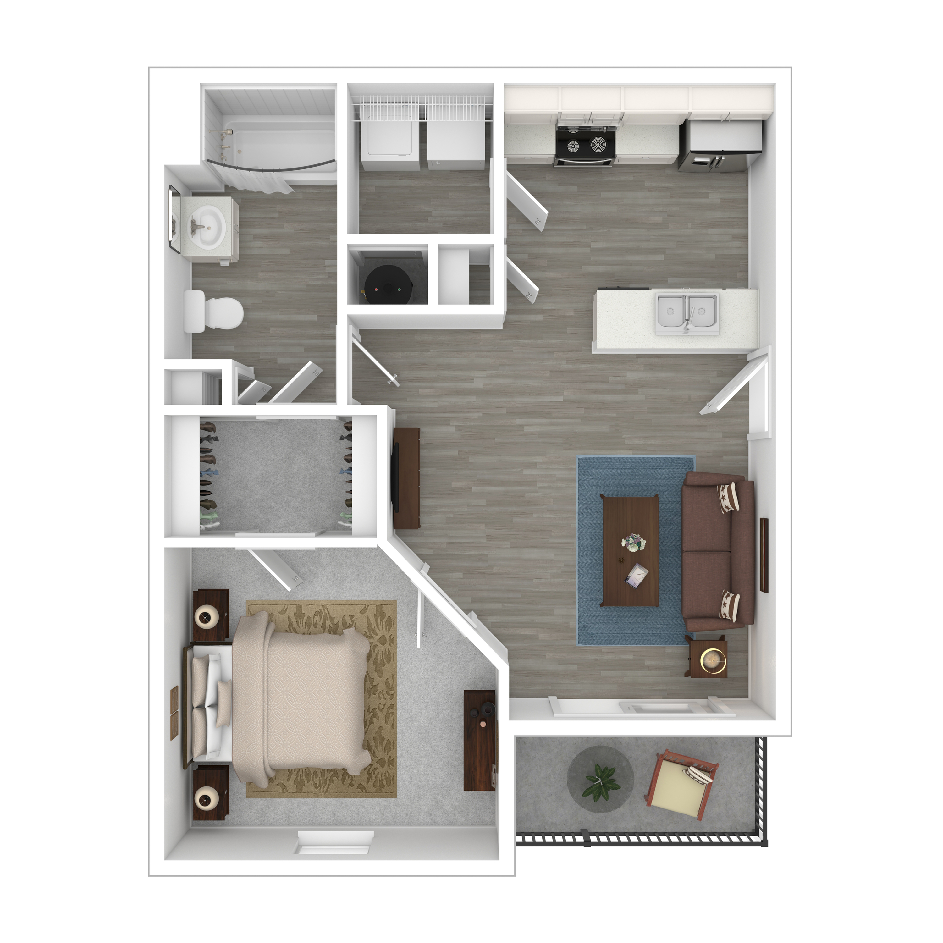 Modern 1-bedroom apartment floor plan with spacious kitchen, cozy living area, stylish bathroom, and inviting balcony.