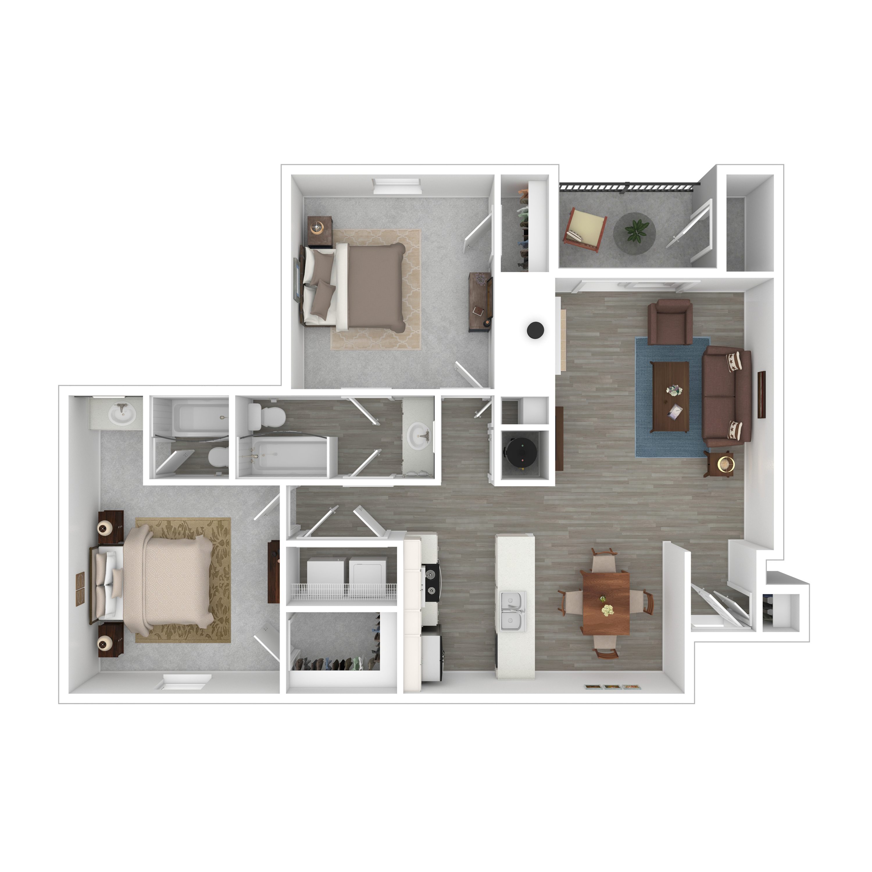 Modern floor plan showcasing 2 bedrooms, 2 bathrooms, an open-concept kitchen, and a cozy living area.