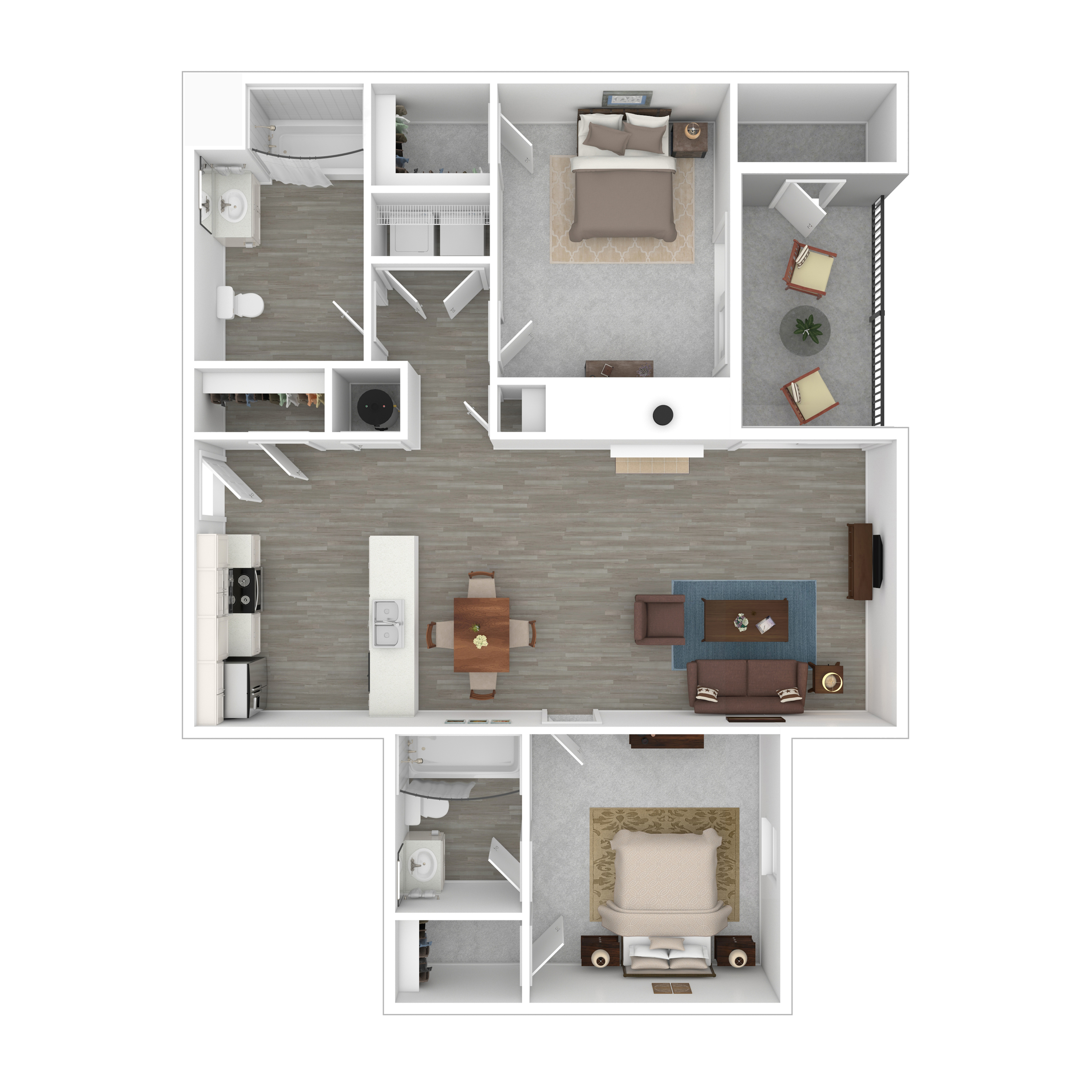 Modern 3D floor plan featuring two spacious bedrooms, two elegant bathrooms, an open-concept kitchen and dining area, and a cozy living room with a balcony.