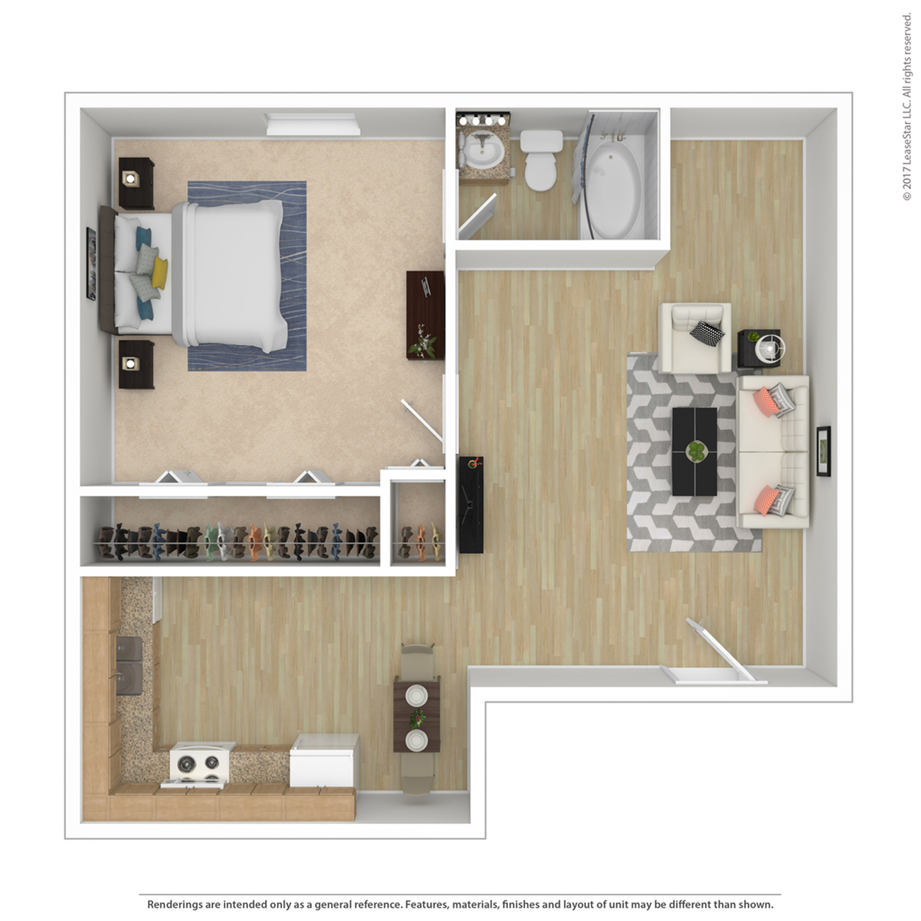 Modern 1-bedroom apartment floor plan with an open living area, cozy kitchen, spacious closet, and stylish bathroom.
