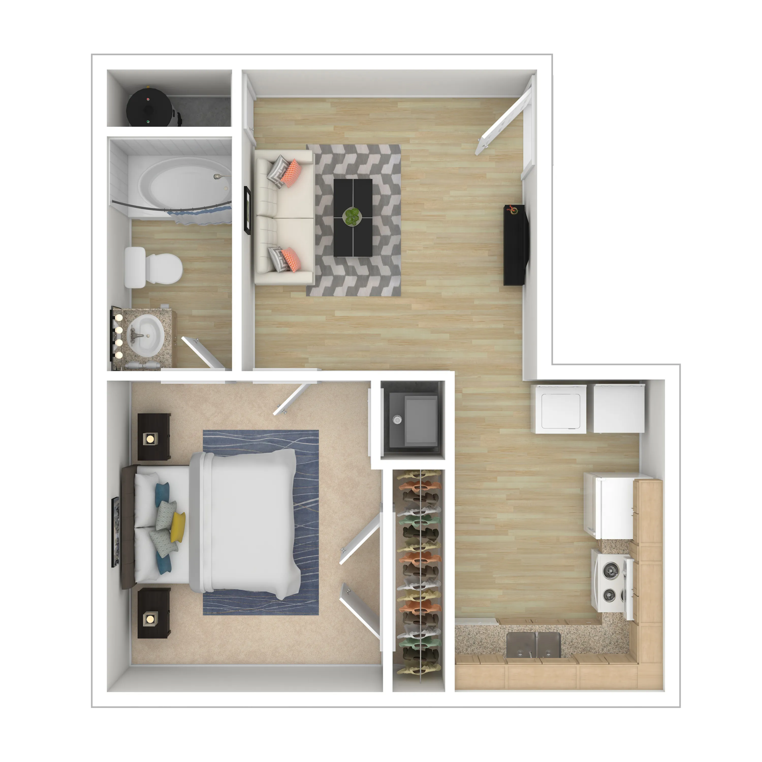 Modern 1-bedroom apartment floor plan with open-concept kitchen and inviting living area, featuring stylish furnishings and a cozy bathroom.