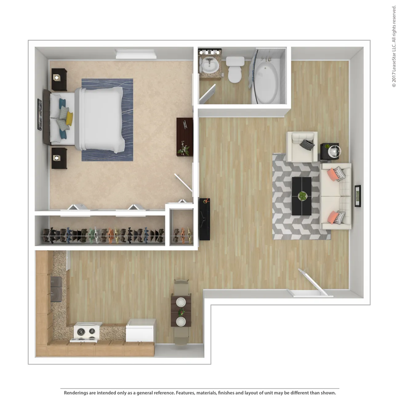 Modern floor plan showcasing a cozy one-bedroom apartment with an inviting open-concept living area, stylish kitchen, and a well-appointed bathroom.
