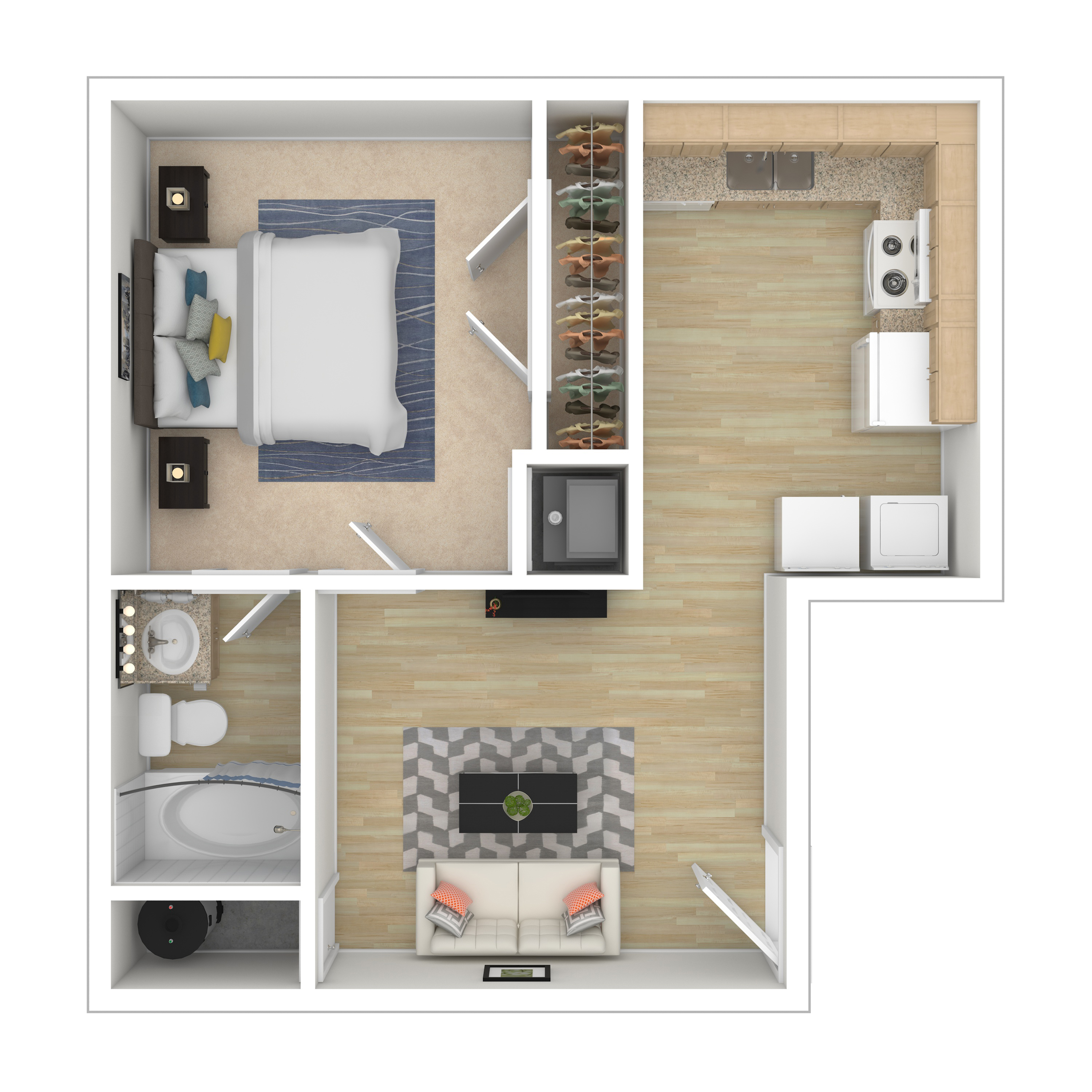 Modern and bright apartment floor plan featuring one spacious bedroom, a chic open-concept living room with kitchen, elegant bathroom, and integrated laundry area.